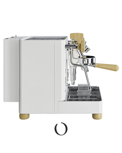 Lelit Bianca V3 gold edition espresso machine with white body, wooden accents, drip tray, and professional-grade group head for premium home brewing