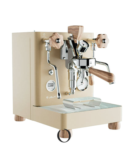 Lelit Bianca V3 espresso machine in gold with wooden accents, featuring dual boilers, PID control, and adjustable flow rate for precise coffee extraction