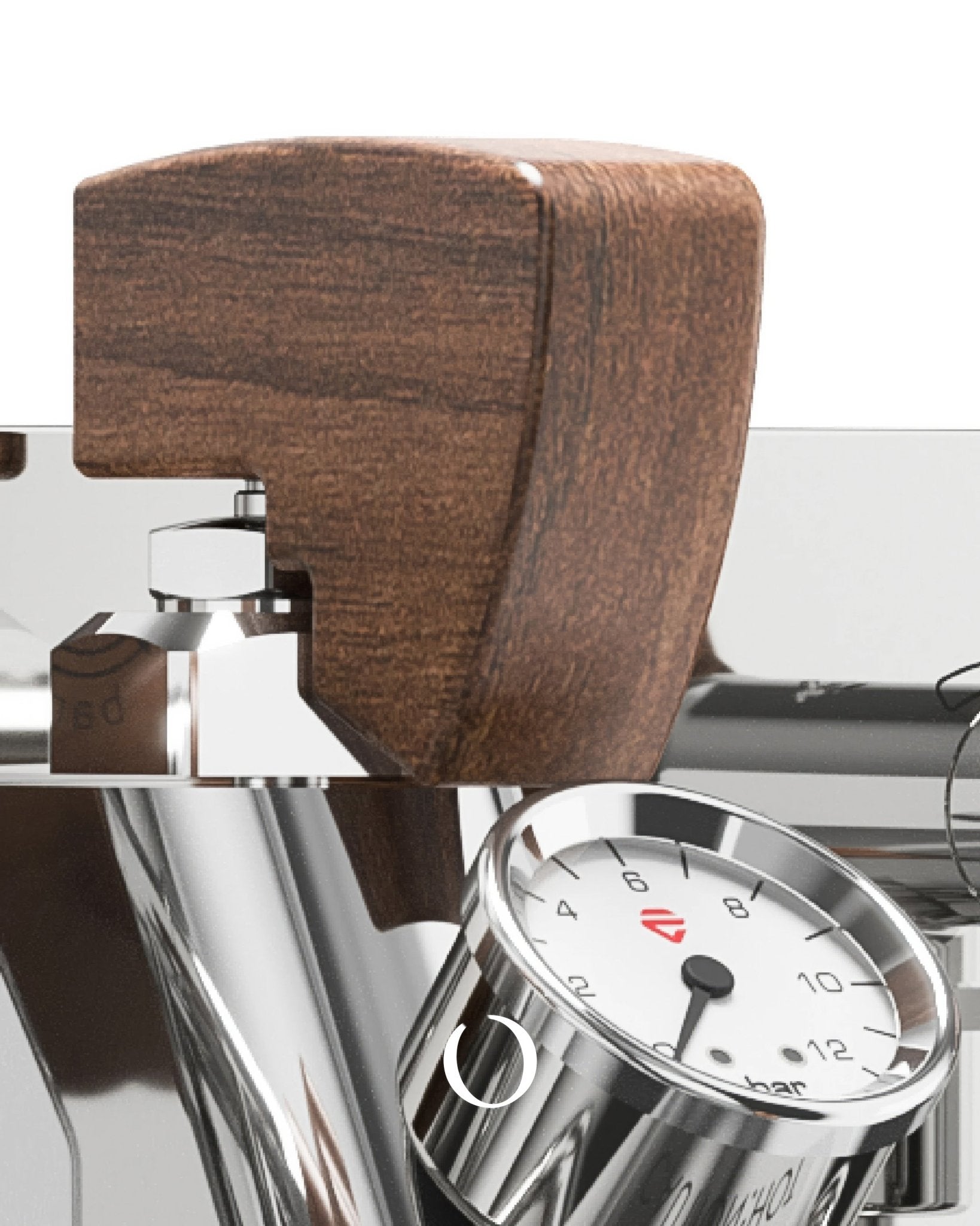 Lelit Bianca V3 espresso machine with zebra wood accents, stainless steel body, pressure gauge, and wooden portafilter handle visible in close-up view