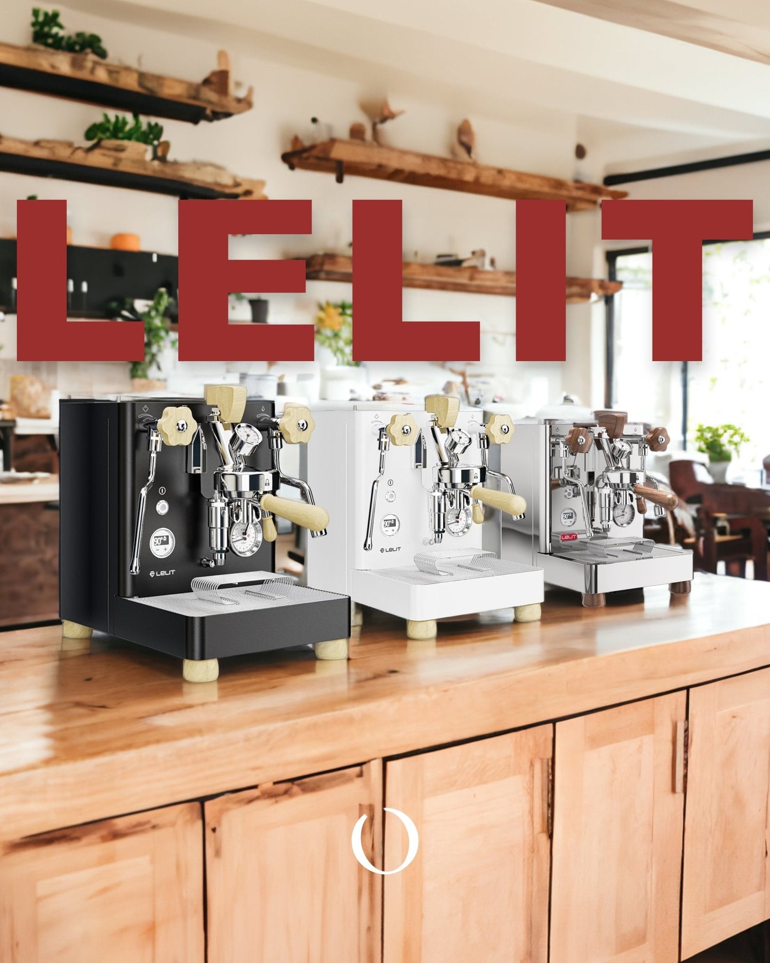 Lelit espresso machines in black, white, and stainless steel displayed on wooden counter with red Lelit logo above, in cozy cafe setting with shelves and plants