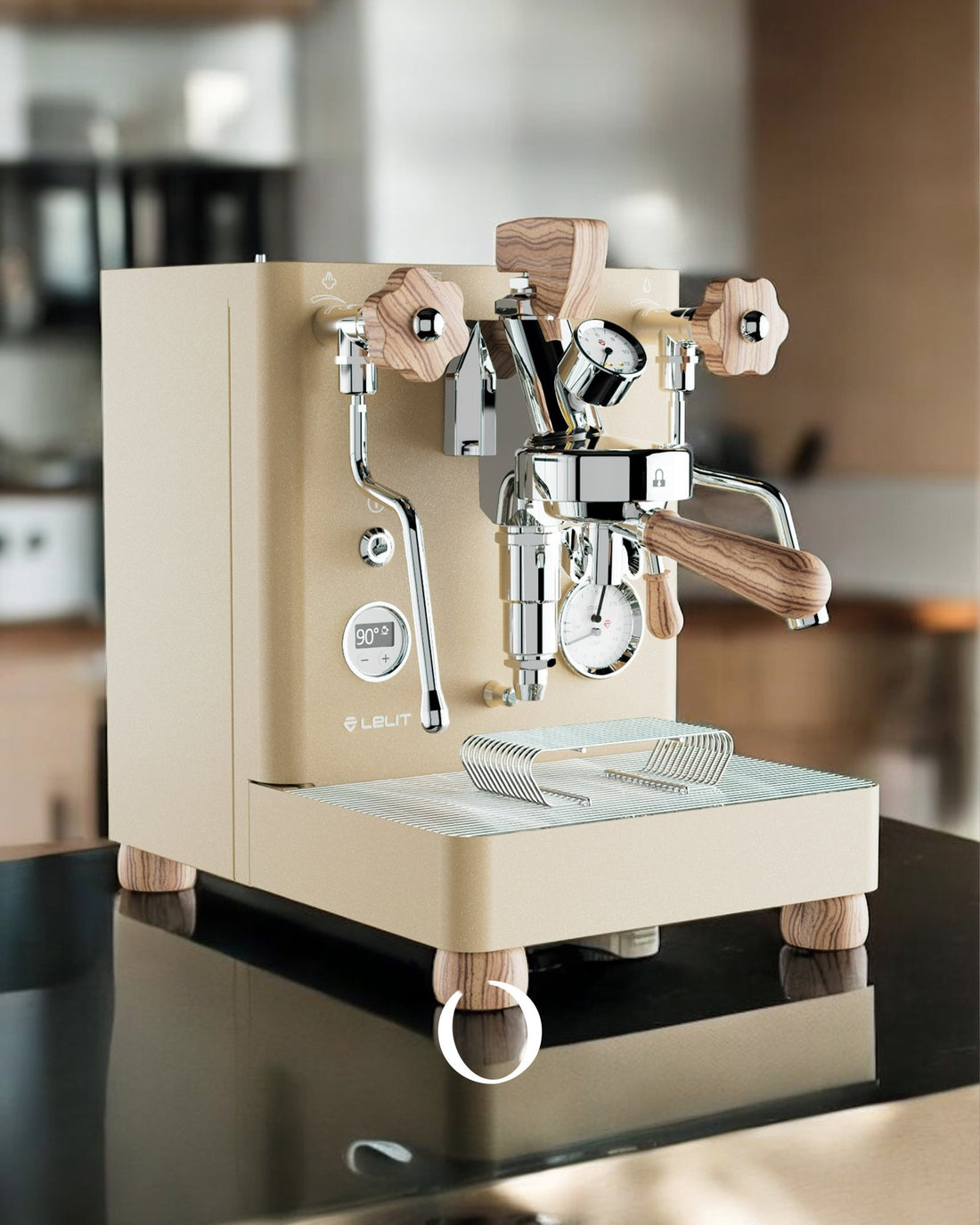 Lelit Bianca V3 espresso machine with gold-colored body and wooden accents, featuring dual boilers, pressure gauge, and stylish design on kitchen counter