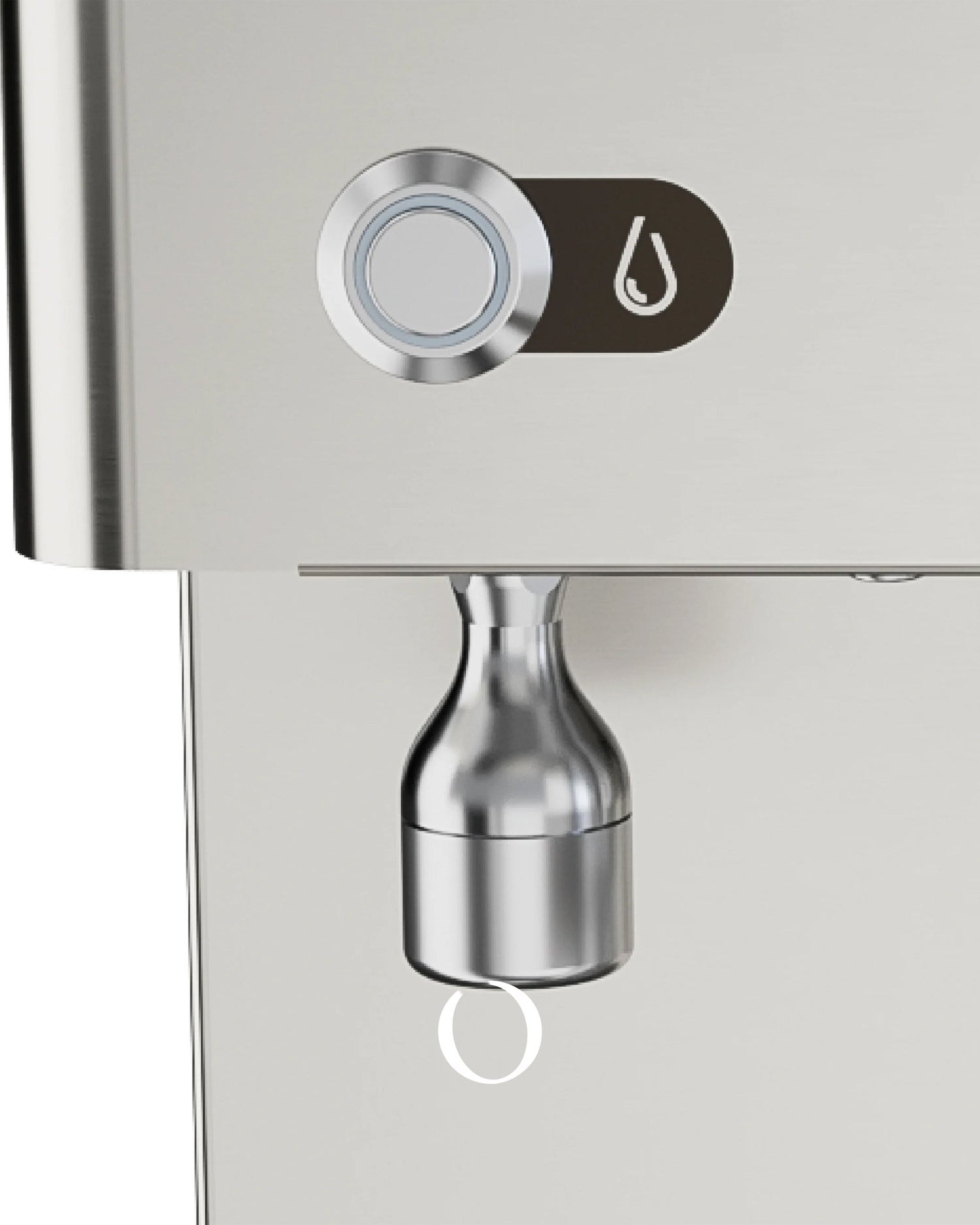 Close-up of Lelit Elizabeth V3 espresso machine, showing stainless steel body, backlit button with water droplet icon, and steam wand, highlighting its modern design and premium features