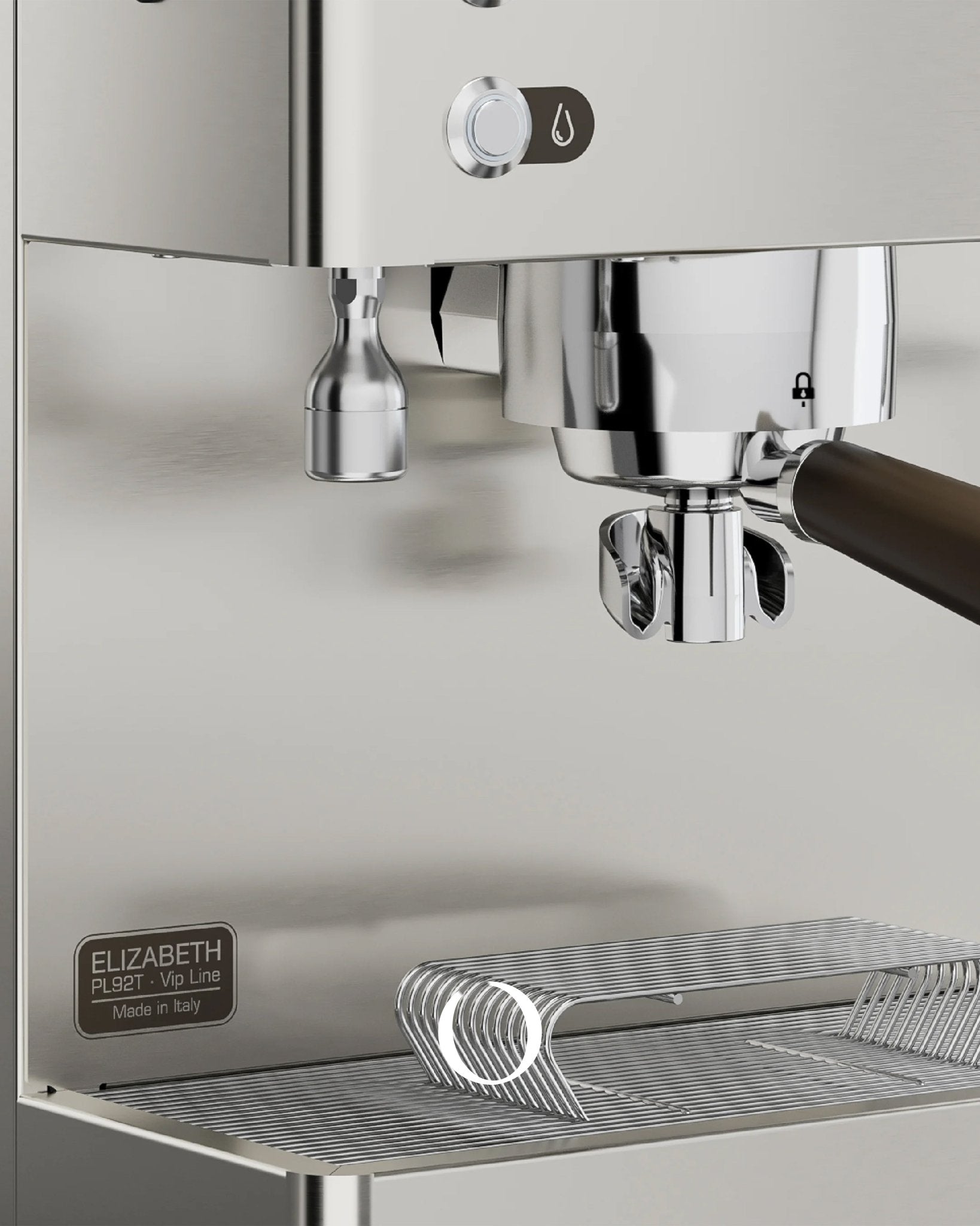 Close-up of Lelit Elizabeth V3 PL92T espresso machine, showing stainless steel body, portafilter, drip tray, and water button. Made in Italy label visible.