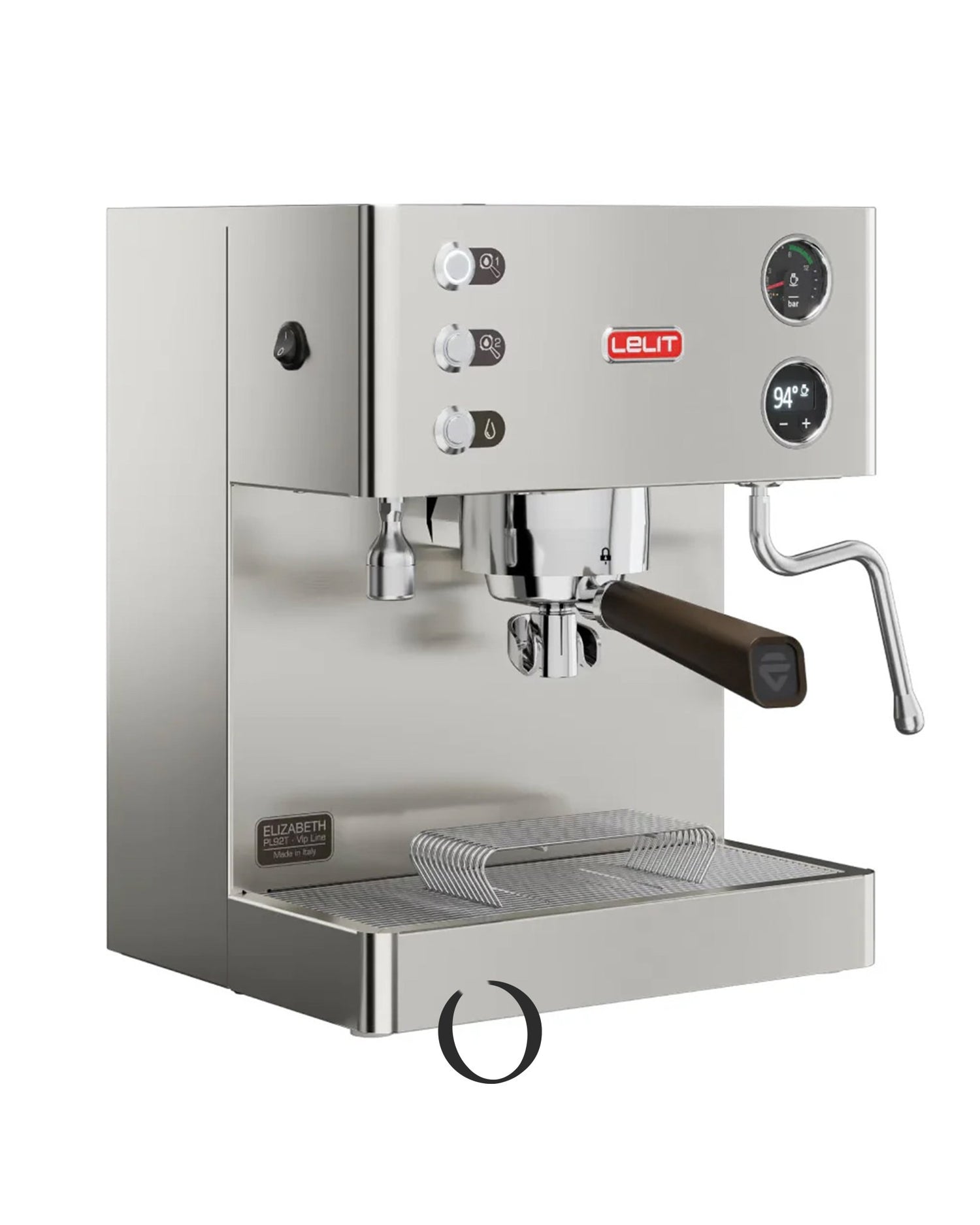 Lelit Elizabeth V3 PL92T espresso machine with stainless steel body, dual boiler system, digital display, pressure gauge, and portafilter handle visible