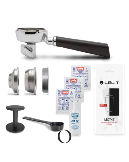 Lelit Elizabeth V3 PL92T espresso machine accessories including portafilter, filter baskets, tamper, cleaning products, and filter for optimal coffee brewing and maintenance