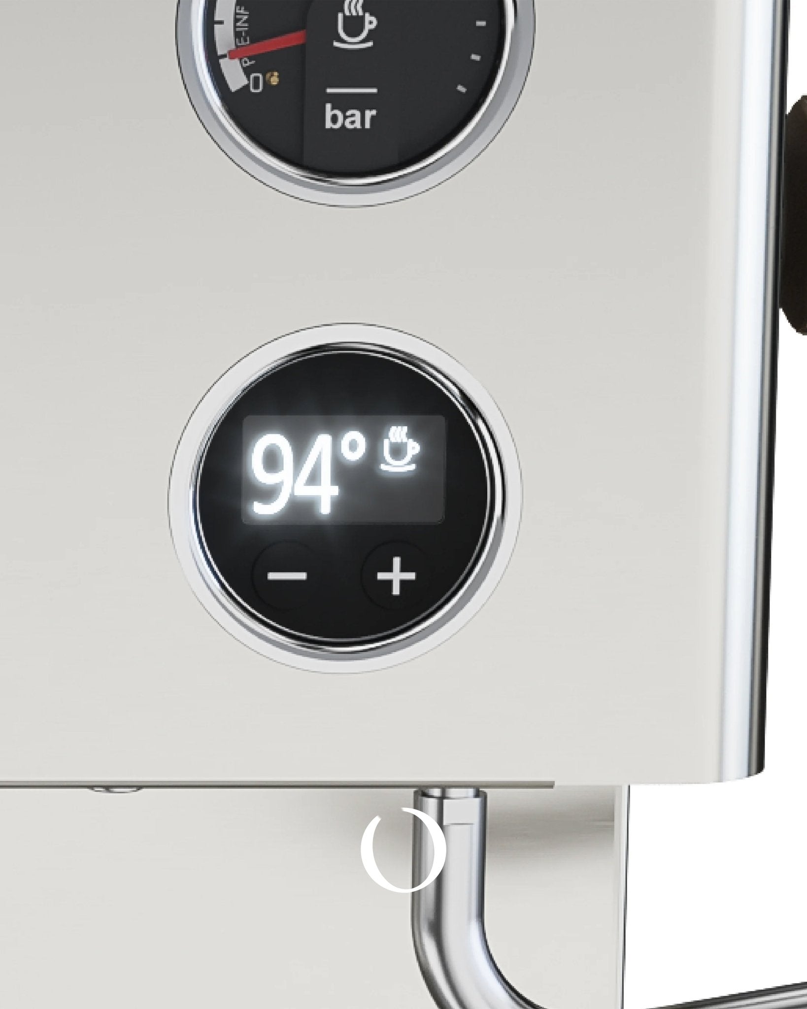 Close-up of Lelit Elizabeth V3 espresso machine control panel, showing pressure gauge and digital temperature display set to 94 degrees, highlighting precise brewing controls