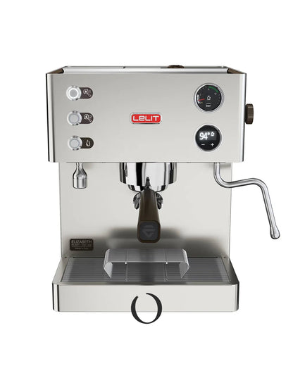 Lelit Elizabeth V3 PL92T espresso machine with stainless steel body, digital display, temperature controls, steam wand, and portafilter