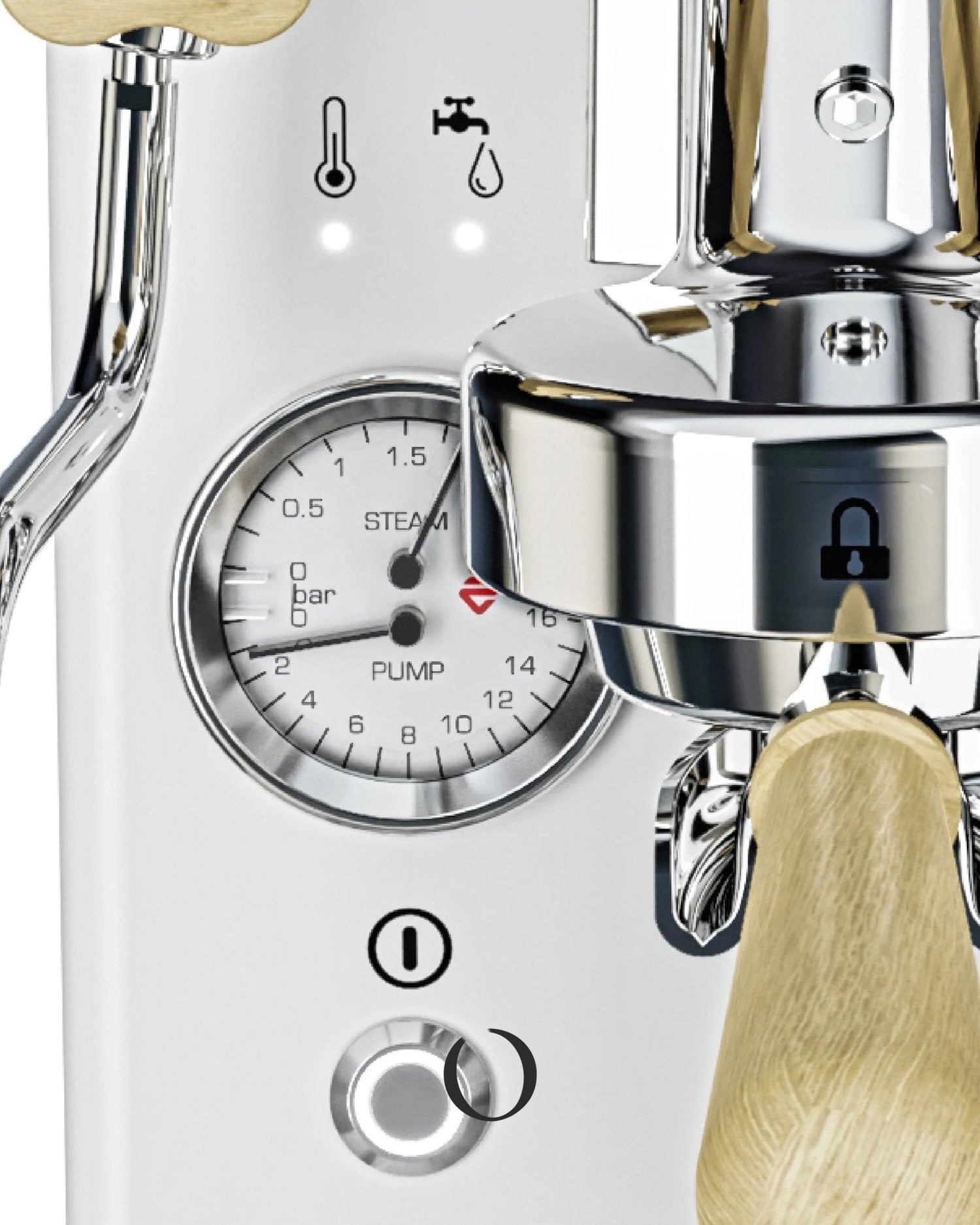 Close-up of Lelit MaraX V2 espresso machine control panel, featuring pressure gauge, temperature and water indicators, wooden accents, and stainless steel components.