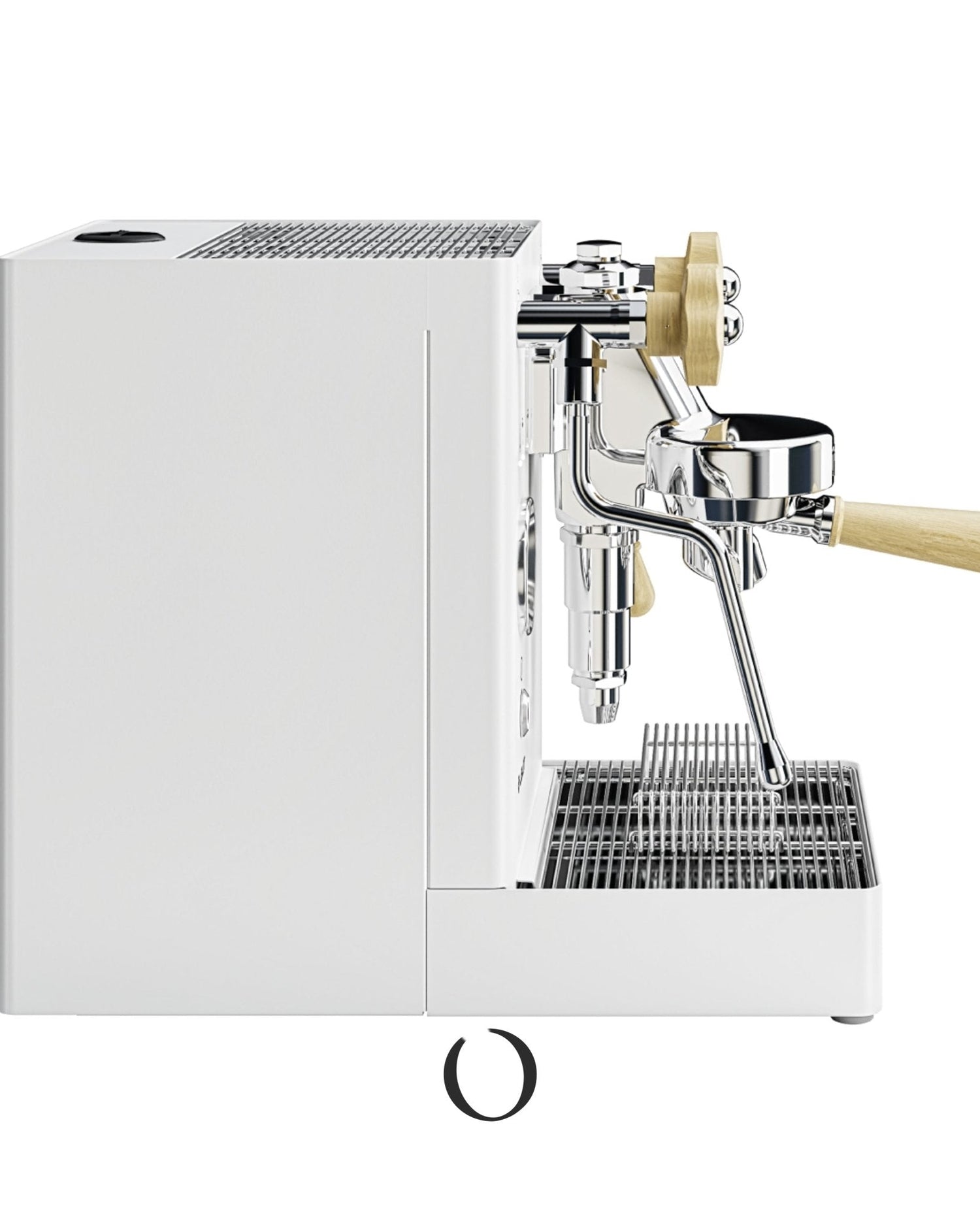 Lelit MaraX V2 espresso machine in white and gold, featuring a sleek design with wooden accents. Side view showcasing the portafilter, steam wand, and drip tray. High-end professional-grade espresso maker for home or cafe use.