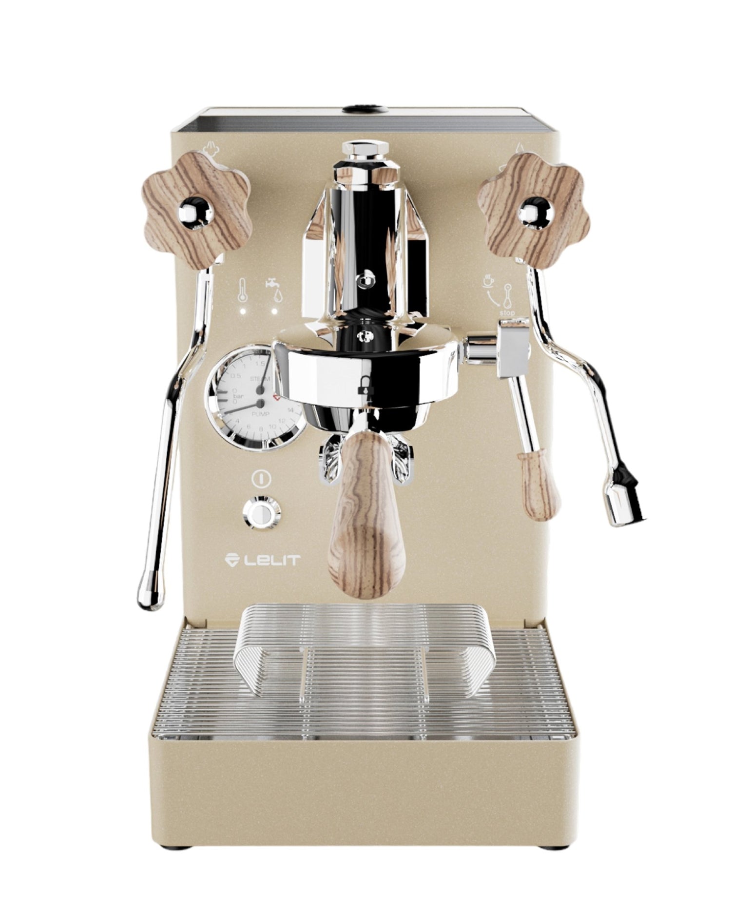 Lelit MaraX V2 espresso machine in gold with zebrano wood accents, featuring dual boiler system, pressure gauge, and steam wand for premium home brewing experience