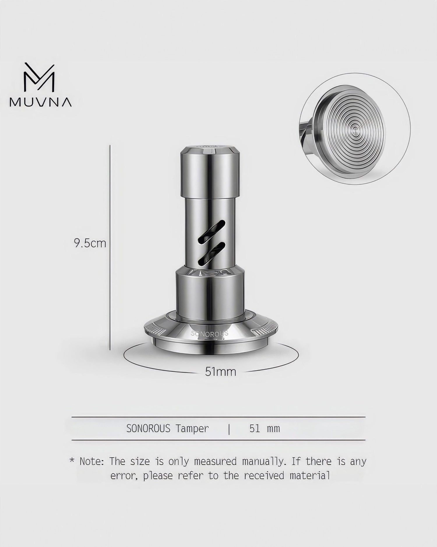 MUVNA 51mm coffee tamper with constant pressure spring, stainless steel base, ergonomic handle, and product dimensions illustrated on a white background