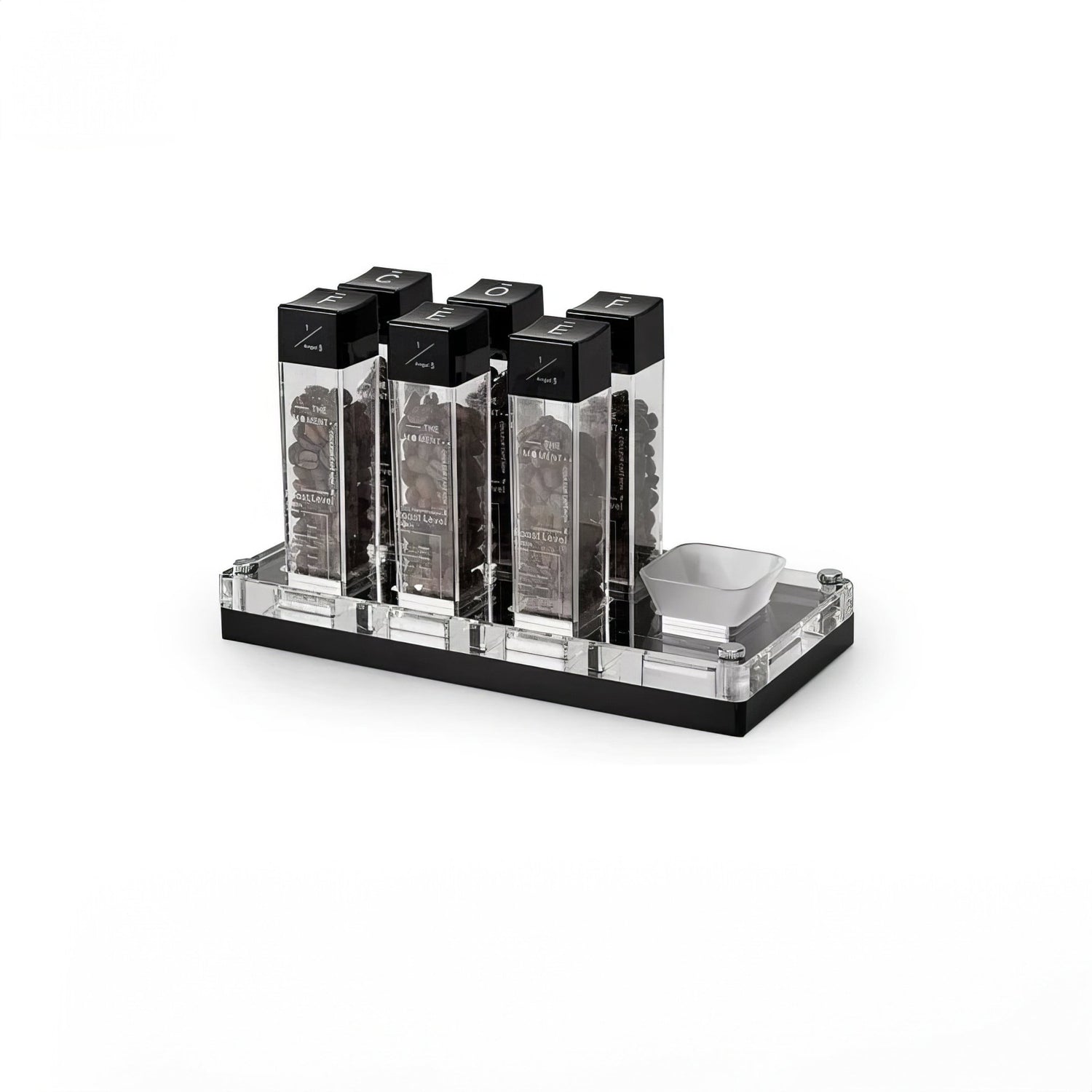 MUVNA coffee bean storage set with six transparent airtight containers on a display stand, showcasing coffee beans inside. Includes a small white dish for measurement or sampling.