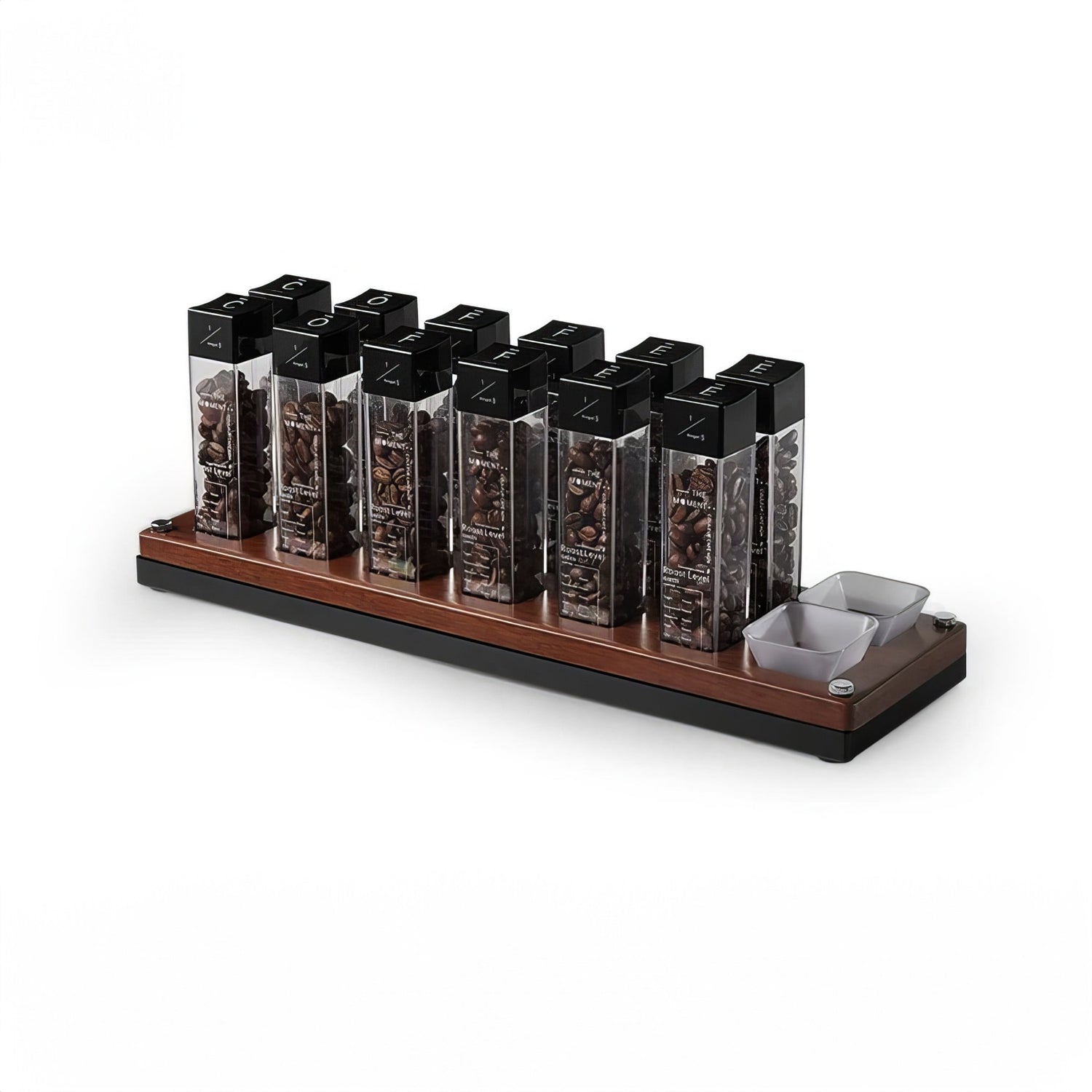 MUVNA coffee bean storage set with 6 transparent airtight containers on a wooden base, displaying various coffee beans. Two small cups included for measuring or serving.