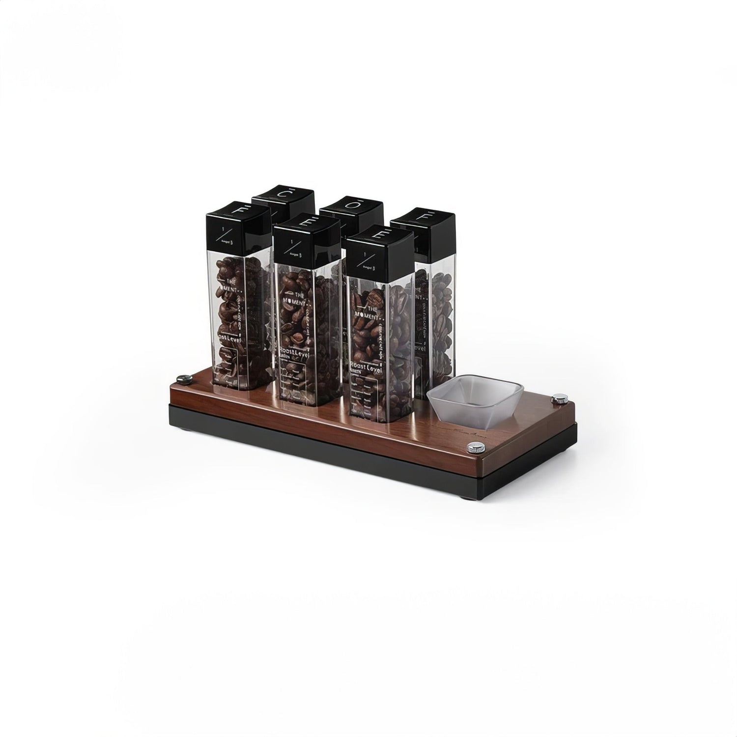 MUVNA coffee bean storage display set with six transparent tubes filled with coffee beans on a sleek wooden base, showcasing various roasts and preserving freshness for professional and home use