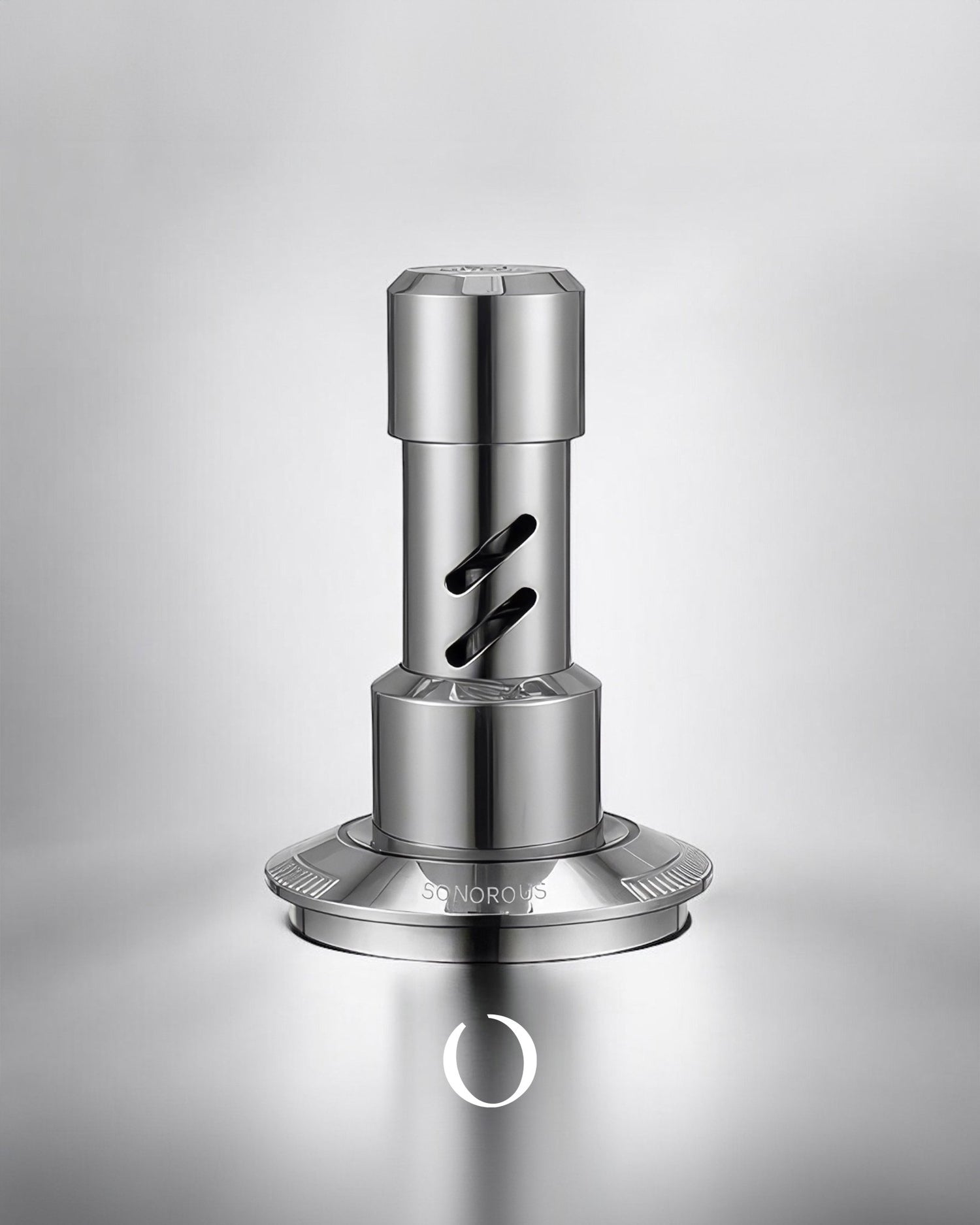 Stainless steel coffee tamper and distribution tool with adjustable base for espresso preparation, featuring sleek modern design and precision engineering