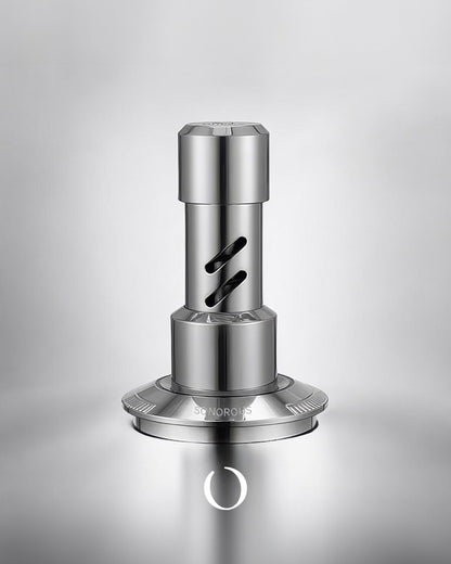 Stainless steel coffee tamper and distribution tool with adjustable base for espresso preparation, featuring sleek modern design and precision engineering