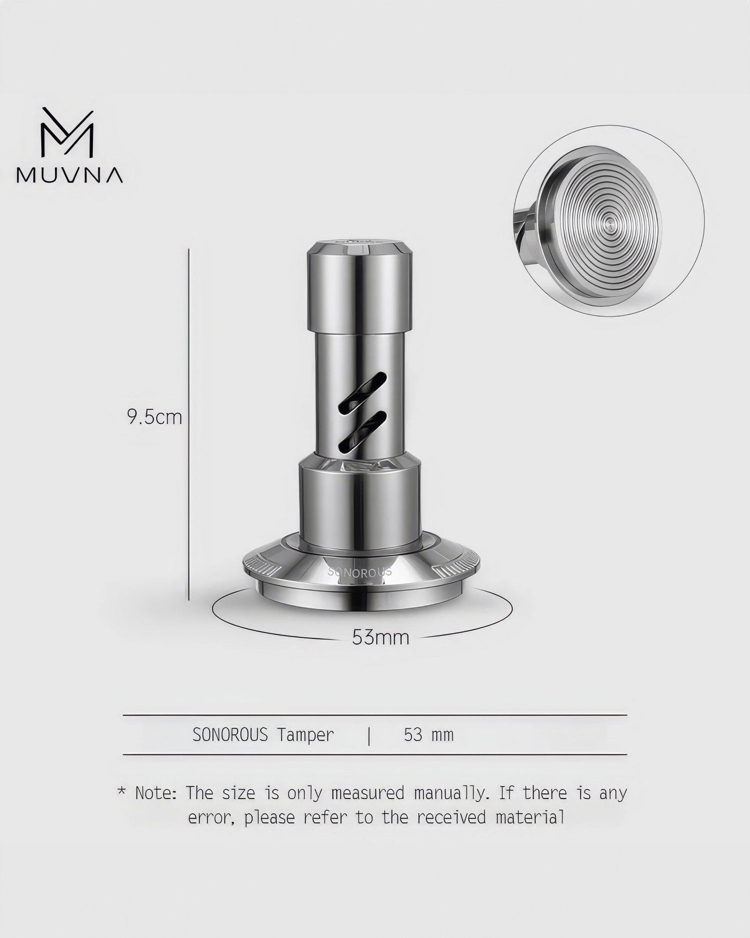 MUVNA coffee tamper with 53mm base, 9.5cm height, stainless steel design featuring spiral pattern on top, displayed with dimensions and product details