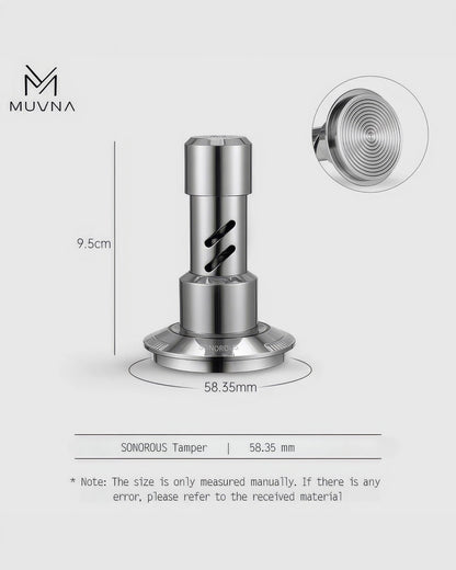 MUVNA SONOROUS coffee tamper, 58.35mm diameter, 9.5cm height, stainless steel construction with textured grip and circular base, product dimensions diagram