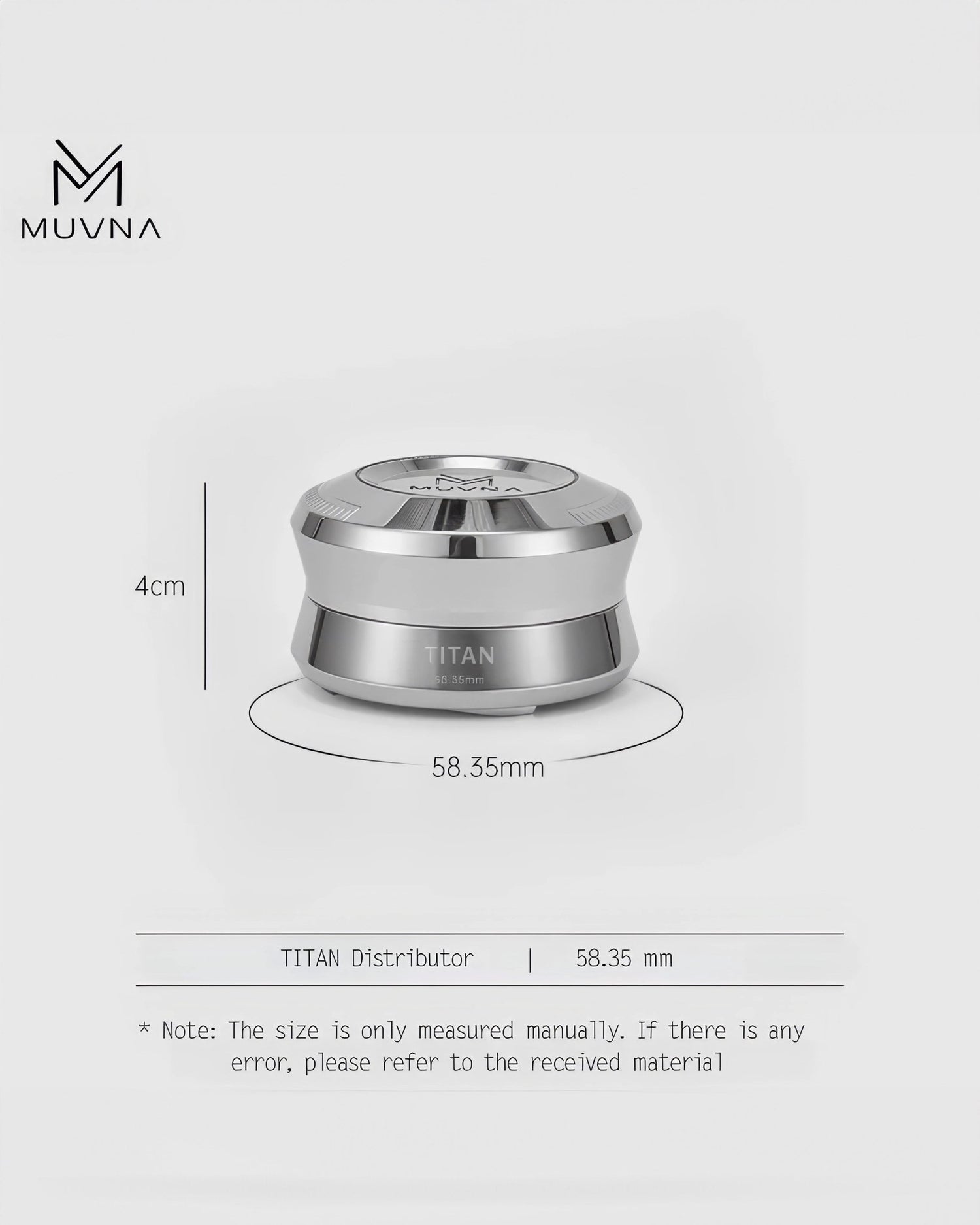 MUVNA Titan coffee distributor, 58.35mm diameter, 4cm height, stainless steel design, product dimensions and specifications shown on white background with brand logo