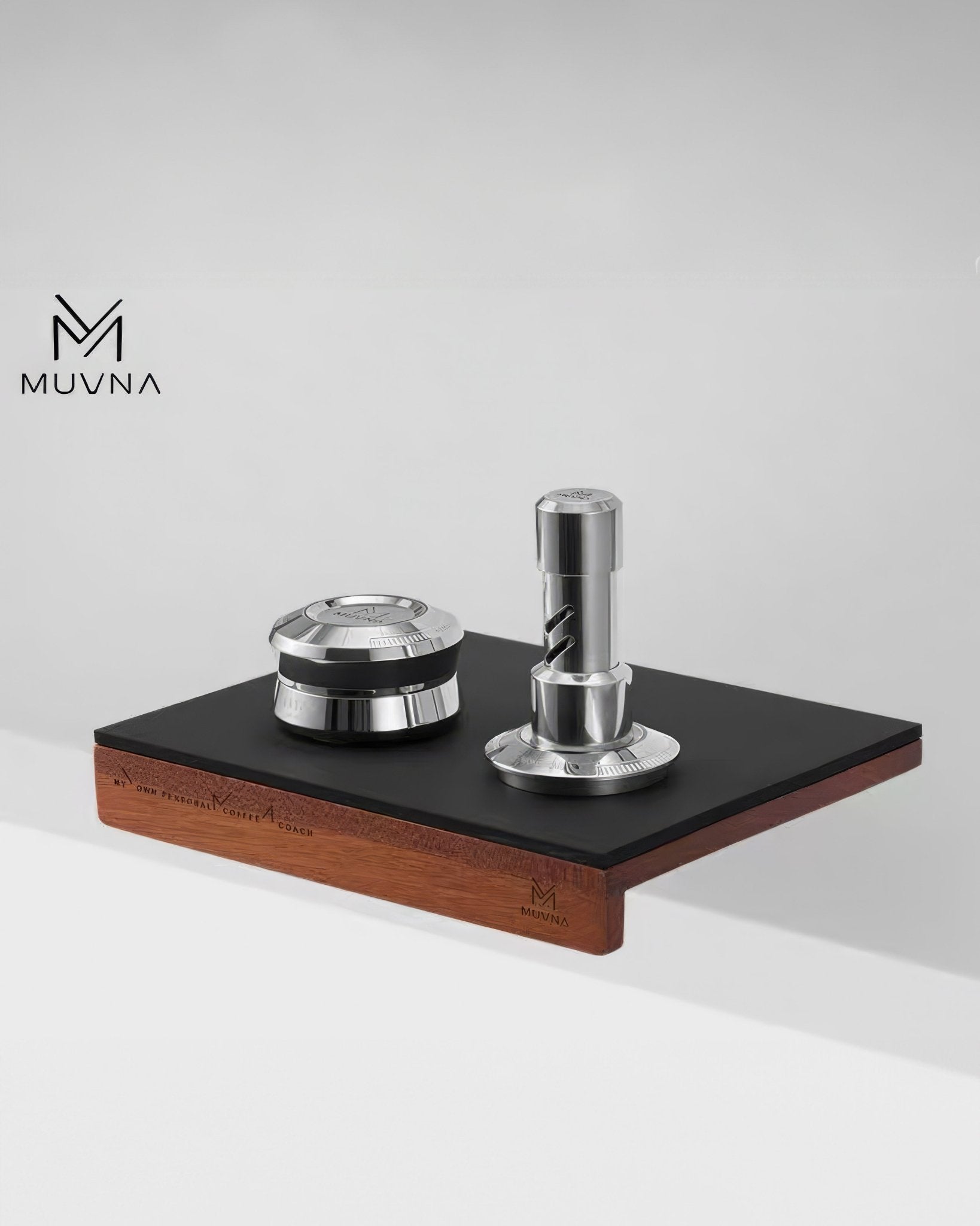 MUVNA Titan coffee distributor 58mm, stainless steel precision tool for even coffee distribution, shown on elegant wooden base with brand logo, professional-grade espresso accessory for consistent extraction