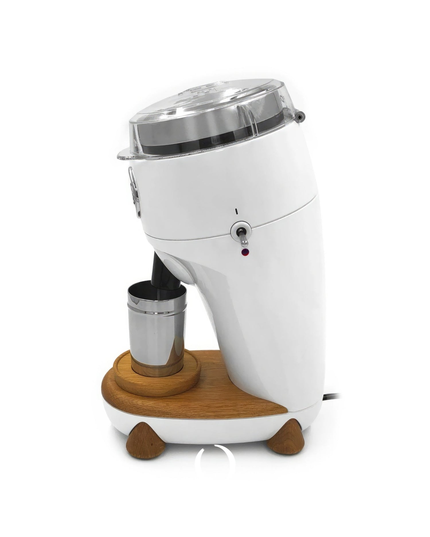 Niche Duo coffee grinder with white aluminum body, wooden base, and stainless steel top. Featuring a sleek design, it includes a metal cup for ground coffee and a precision grind adjustment mechanism.