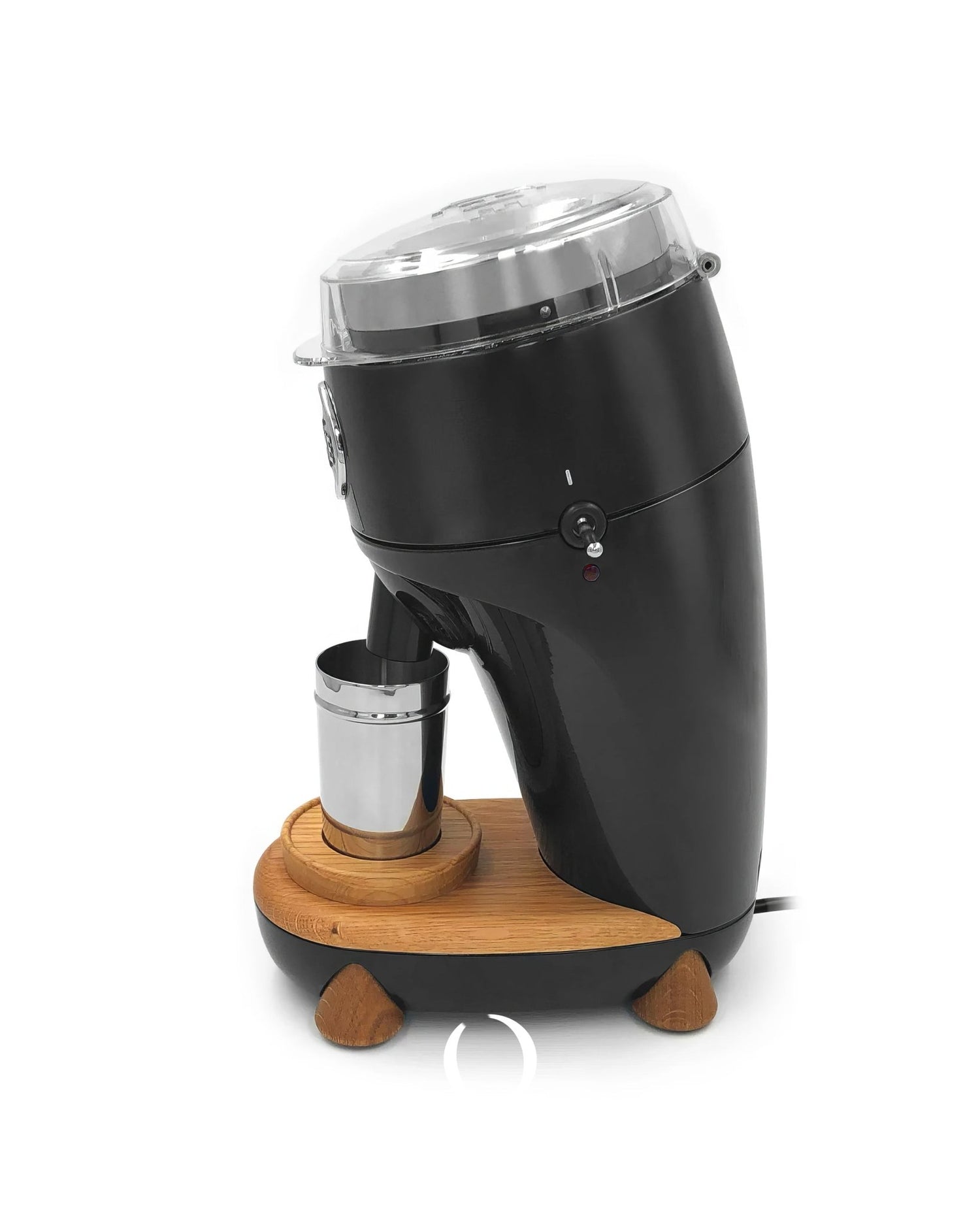 Niche Duo coffee grinder with black aluminum body, transparent lid, wooden base, and silver dosing cup, showcasing professional-grade design for home use with precise grinding capabilities