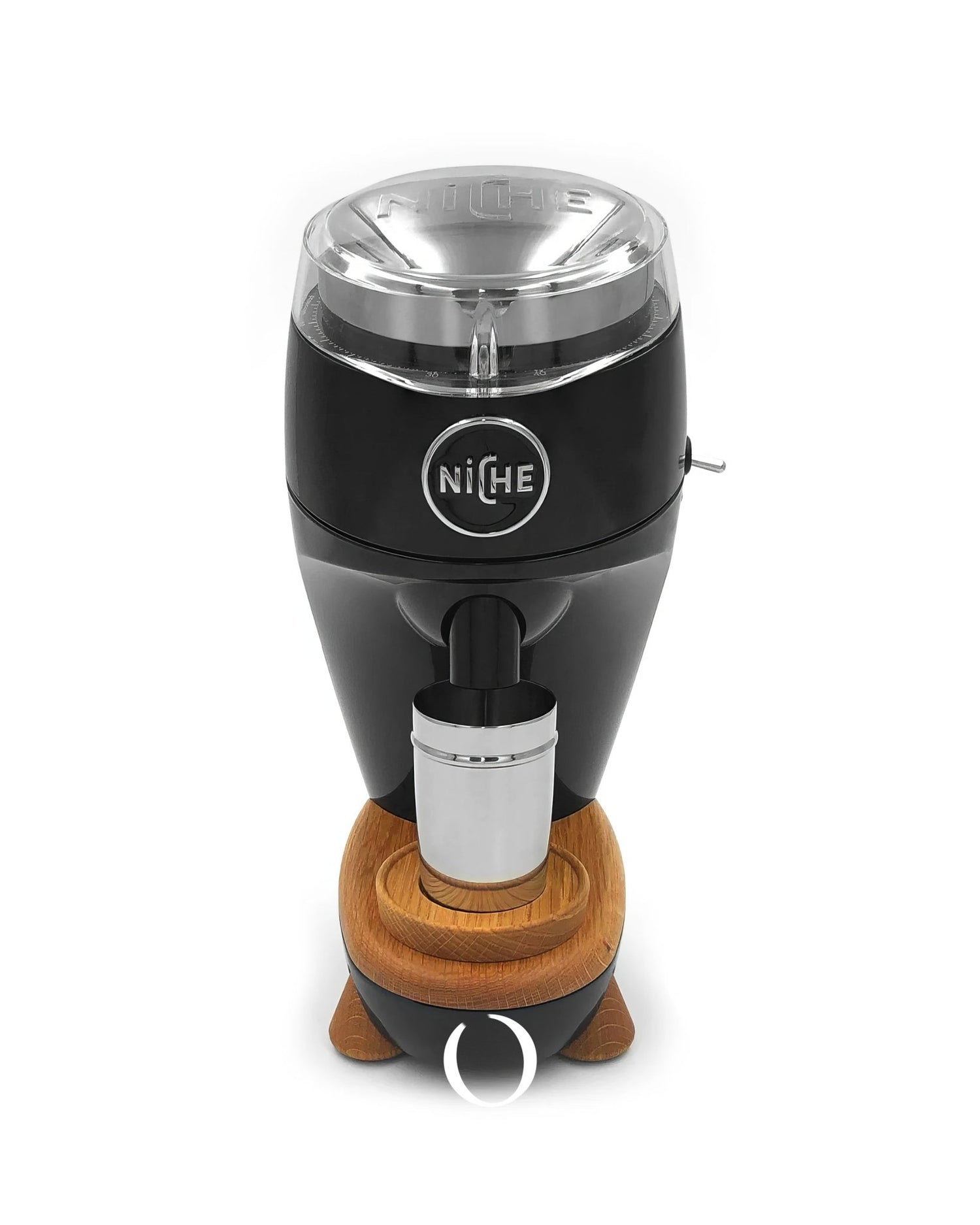 Niche Duo coffee grinder with black body, clear top, wooden base, and metal dosing cup, featuring precision grinding for espresso and filter coffee