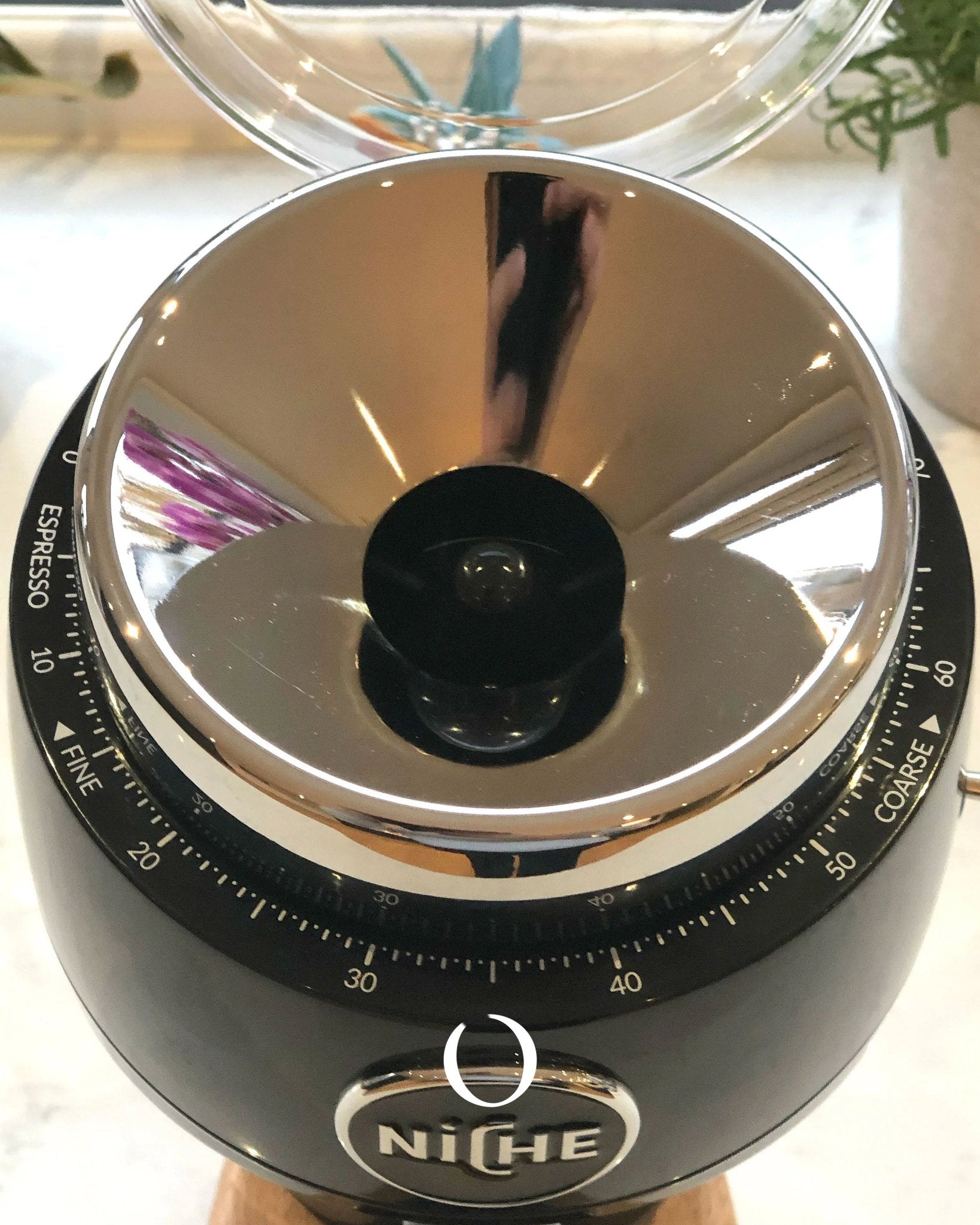 Niche Duo coffee grinder with precision dial, shiny metal top, and wooden base, showcasing professional-grade design for home espresso and filter coffee grinding