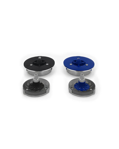 Niche Duo coffee grinder burr sets in black and blue, showcasing dual grinding options for espresso and filter coffee, with precision-engineered flat burrs visible