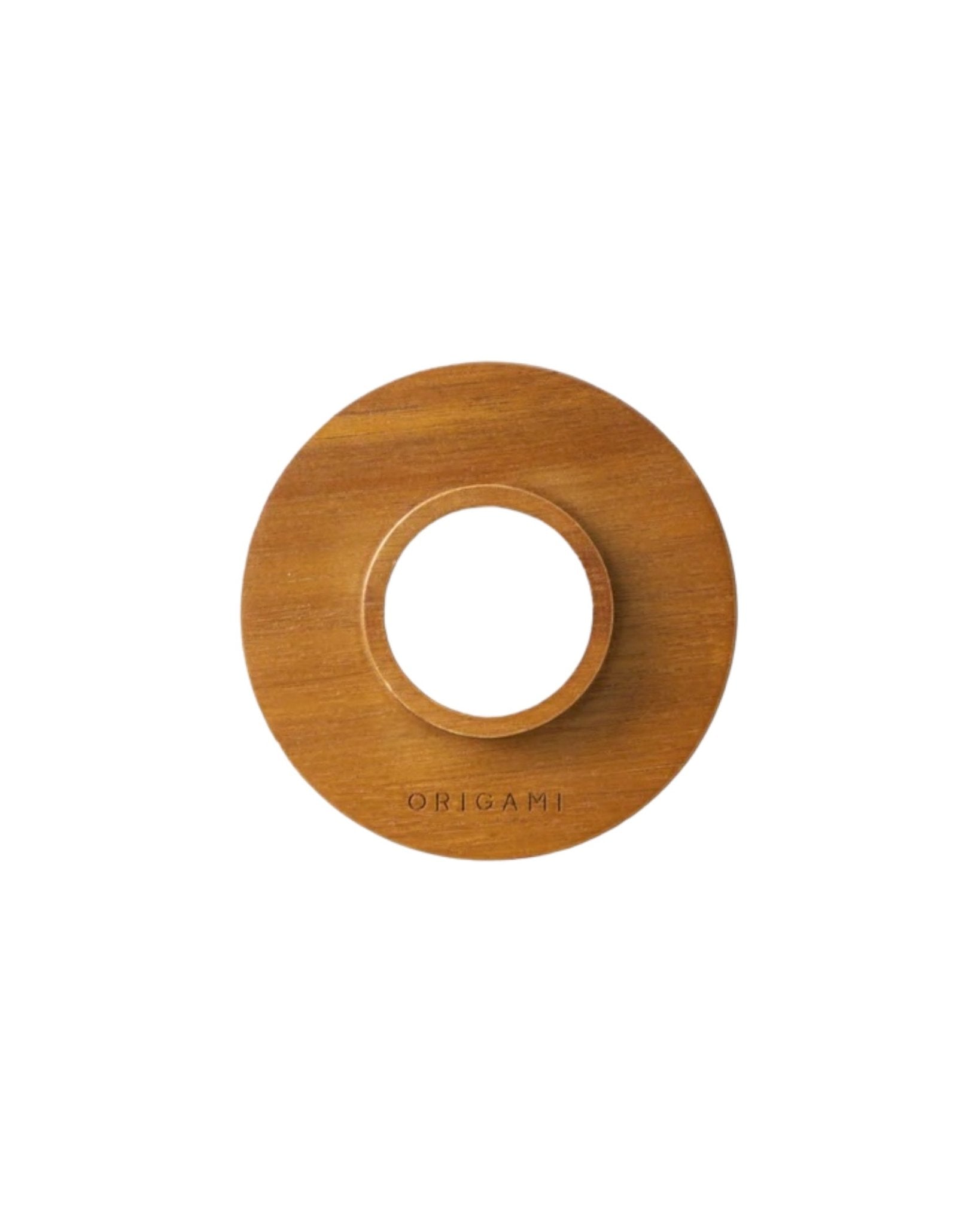 ORIGAMI wooden dripper holder, circular design with center hole, natural wood grain, engraved brand name, perfect for supporting coffee filters and enhancing brewing stability