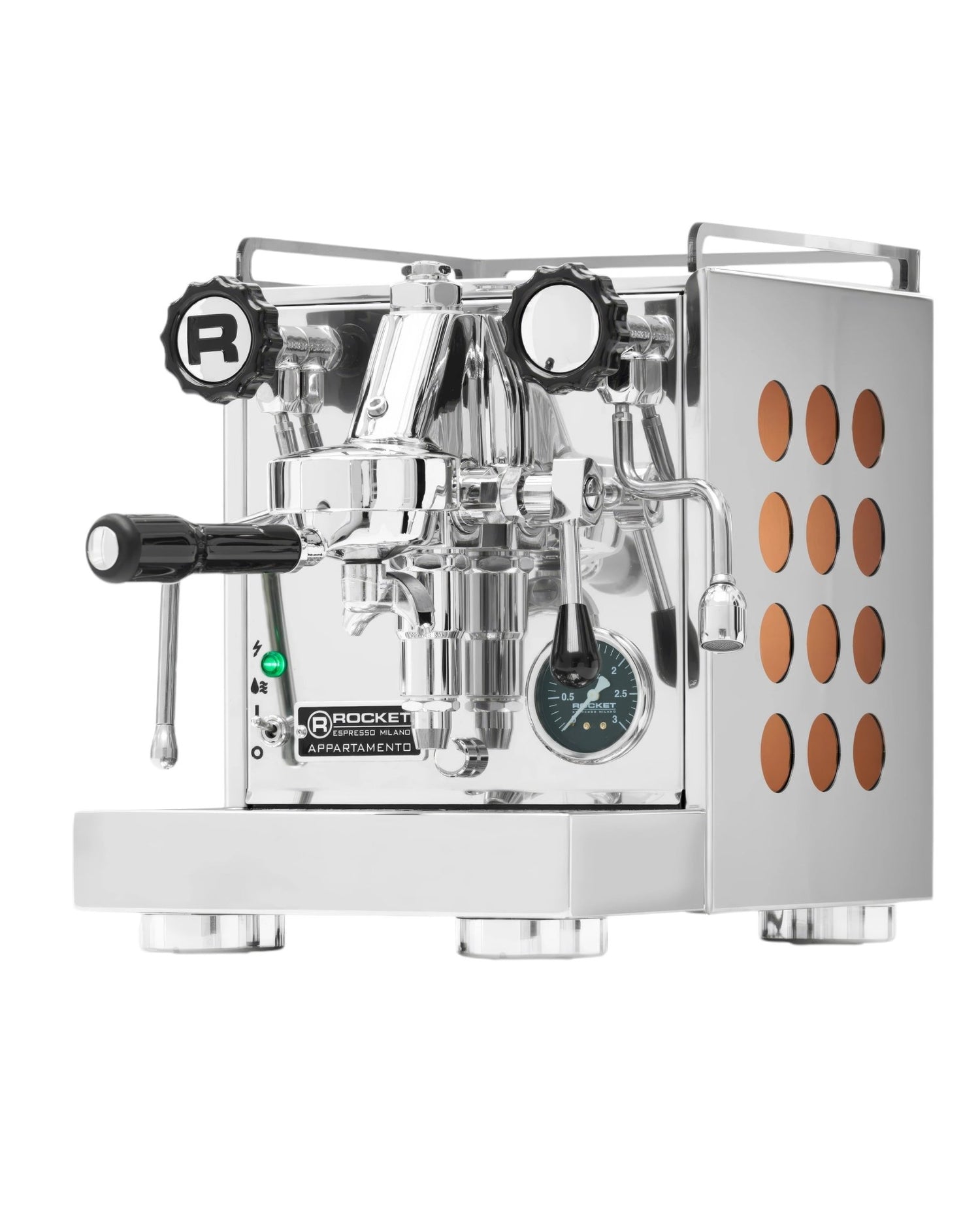 Rocket Appartamento espresso machine with stainless steel body, copper side panels, E61 brew group, steam wand, pressure gauge, and compact design for small spaces.