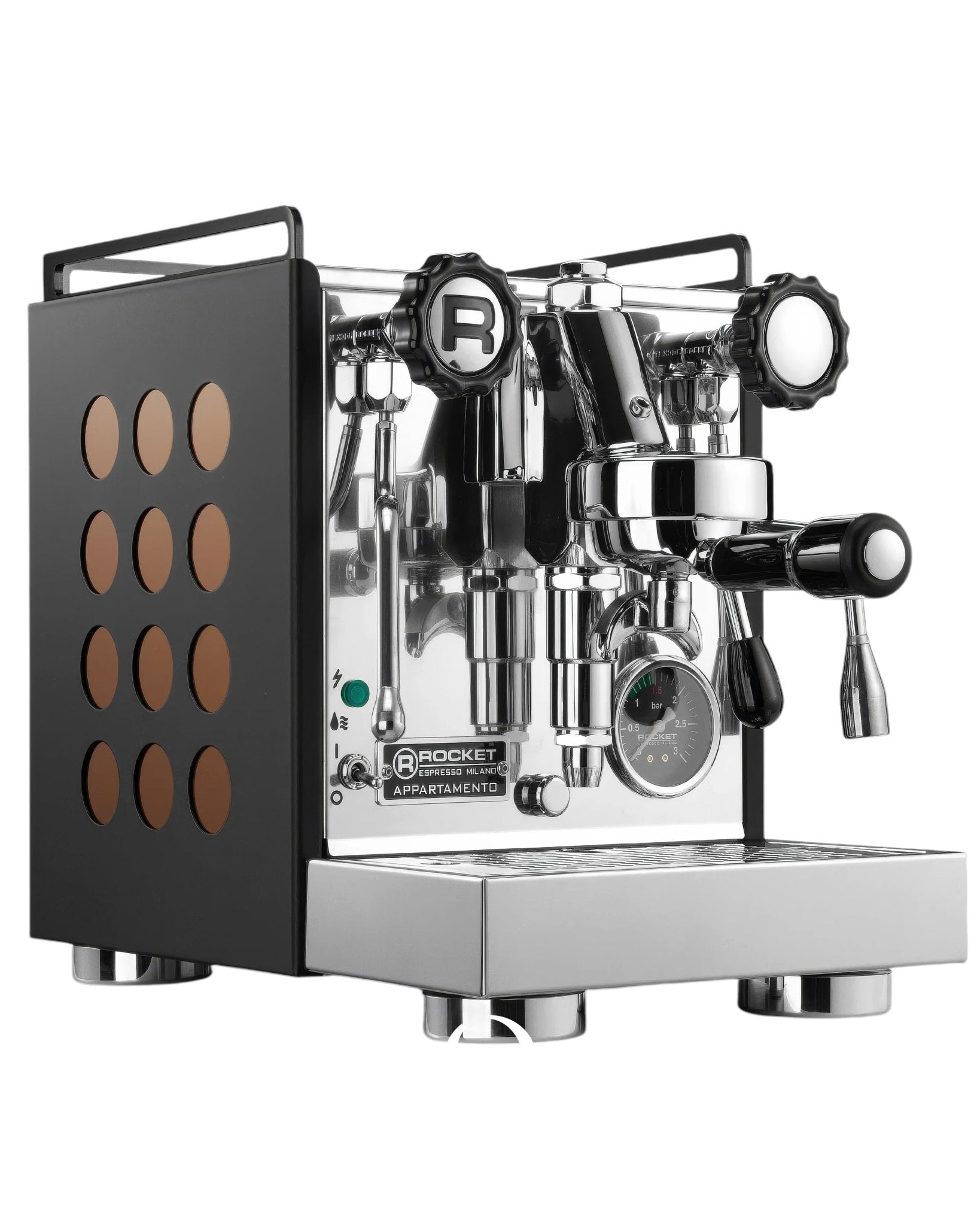 Rocket Appartamento espresso machine with black side panel featuring copper circular design, showcasing professional-grade E61 brew head, steam wand, and pressure gauge for high-quality home espresso brewing