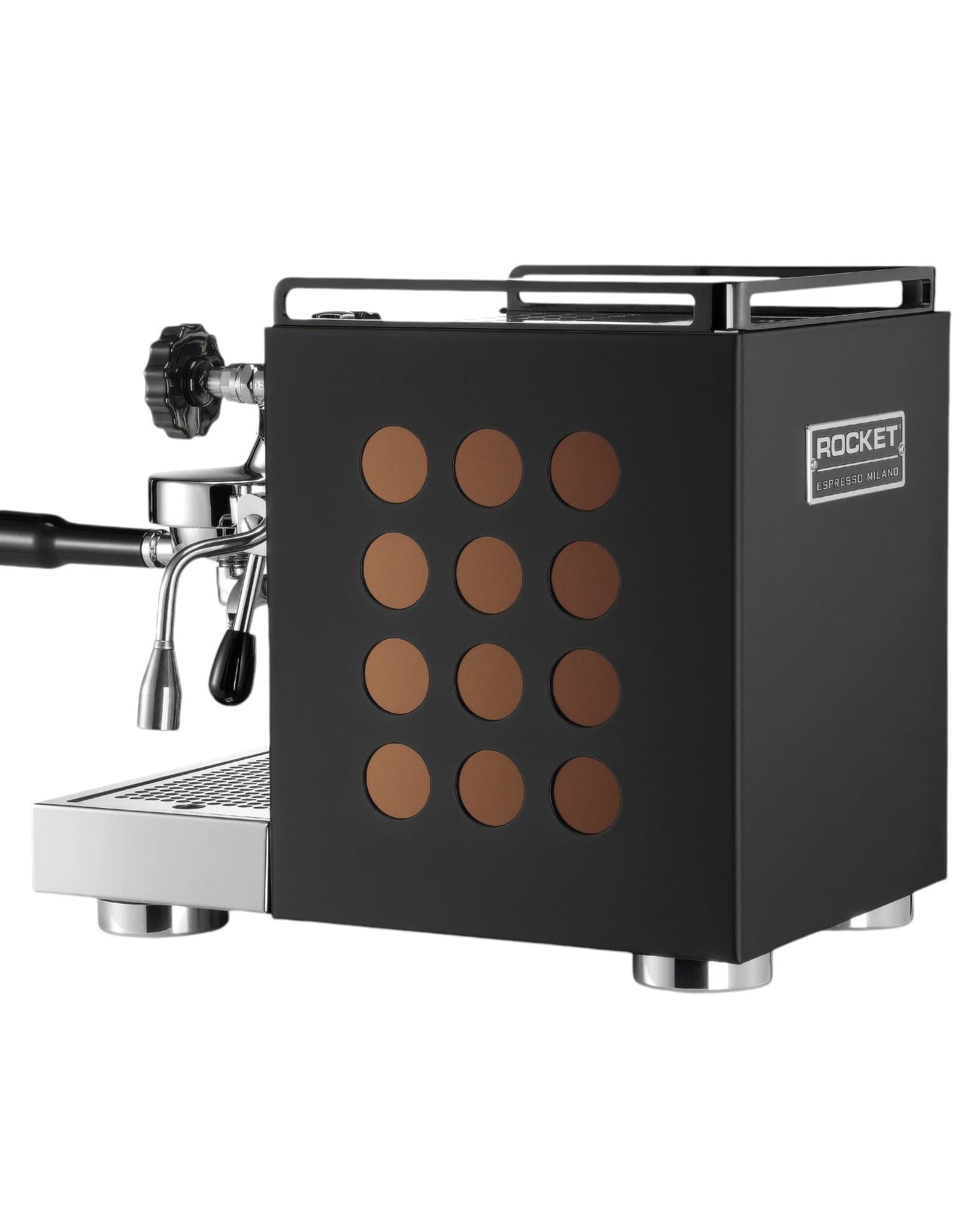 Rocket Appartamento espresso machine with black body and copper circular side panels, featuring E61 brew group, steam wand, and drip tray on a compact design suitable for small spaces