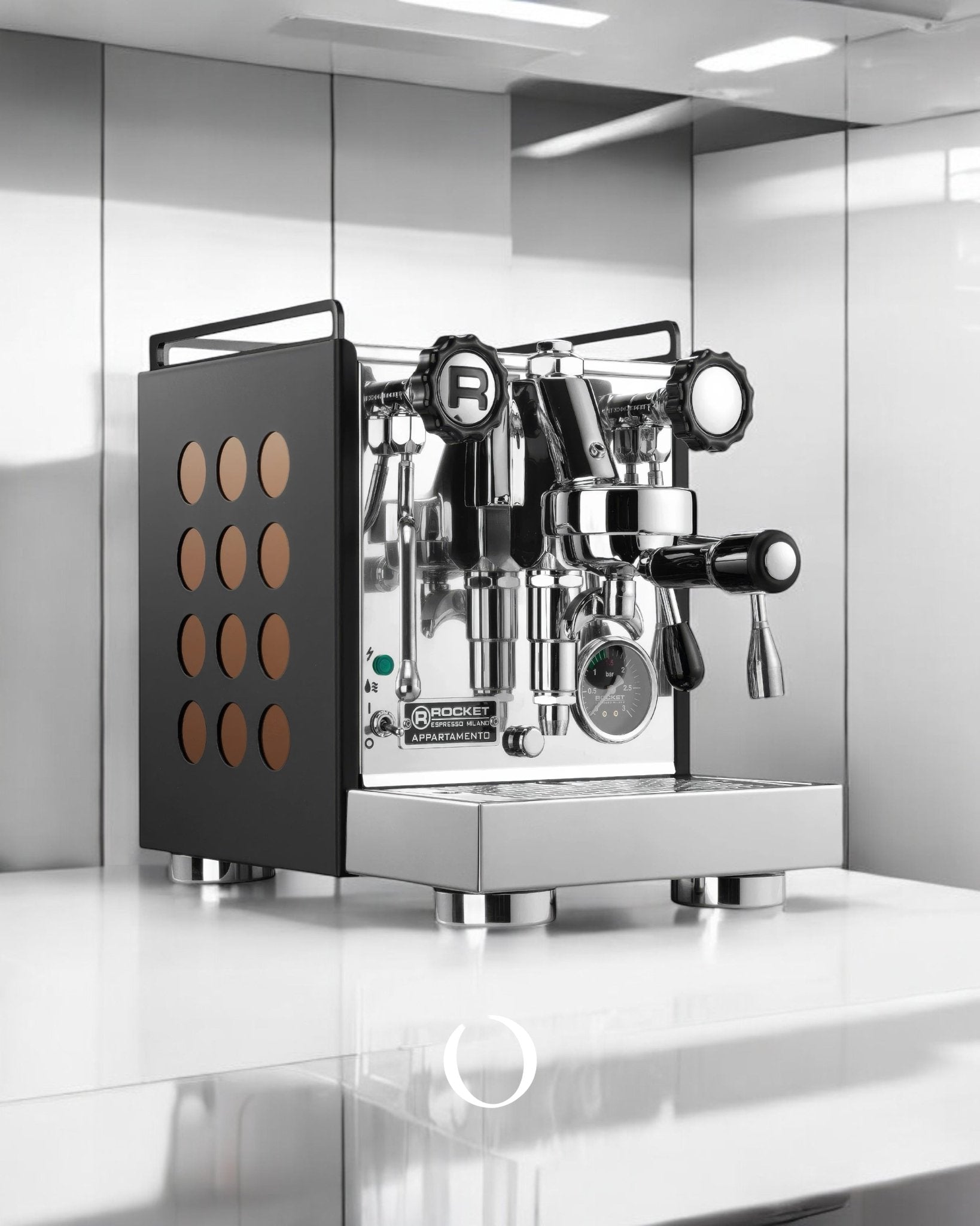 Rocket Appartamento semi-automatic espresso machine with copper side panels on white countertop, showcasing compact design and professional features for home baristas