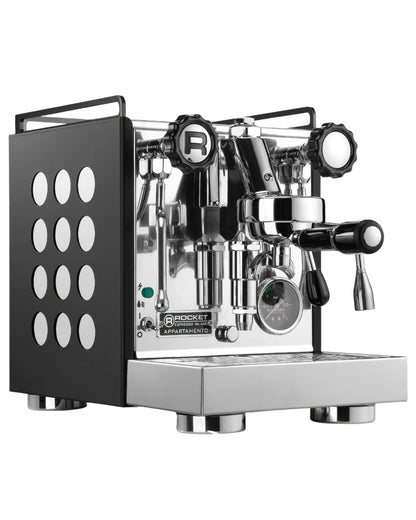 Rocket Appartamento espresso machine with sleek black side panels, chrome body, E61 group head, pressure gauge, and steam wand. Compact design suitable for small spaces, featuring professional-grade components for high-quality espresso brewing at home.