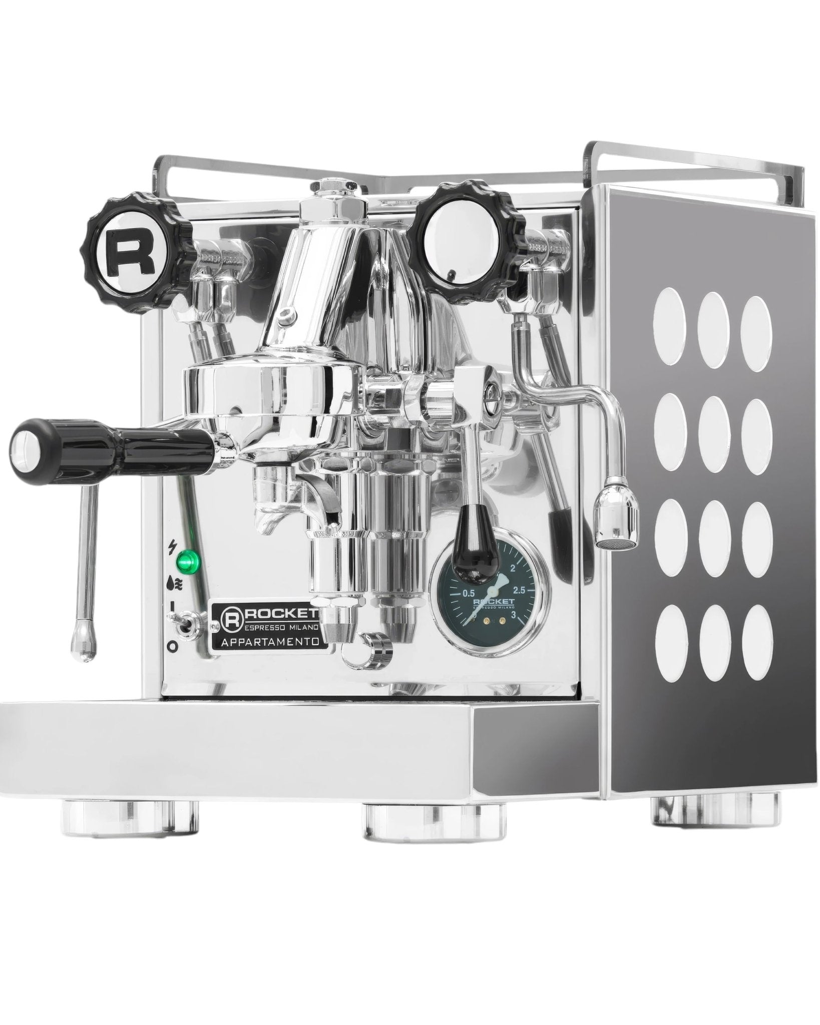 Rocket Appartamento semi-automatic espresso machine with stainless steel body, E61 group head, pressure gauge, and steam wand, designed for compact spaces and professional-quality coffee brewing at home