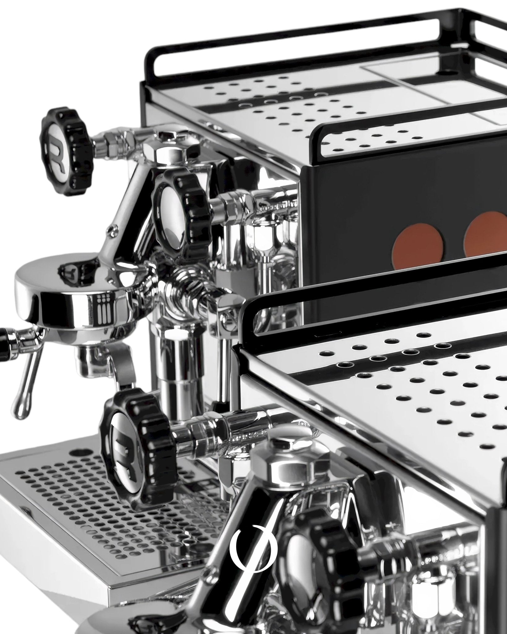 Rocket Appartamento espresso machine with sleek black and silver design, featuring E61 group head, steam wand, and drip tray, showcasing professional-grade components for home baristas