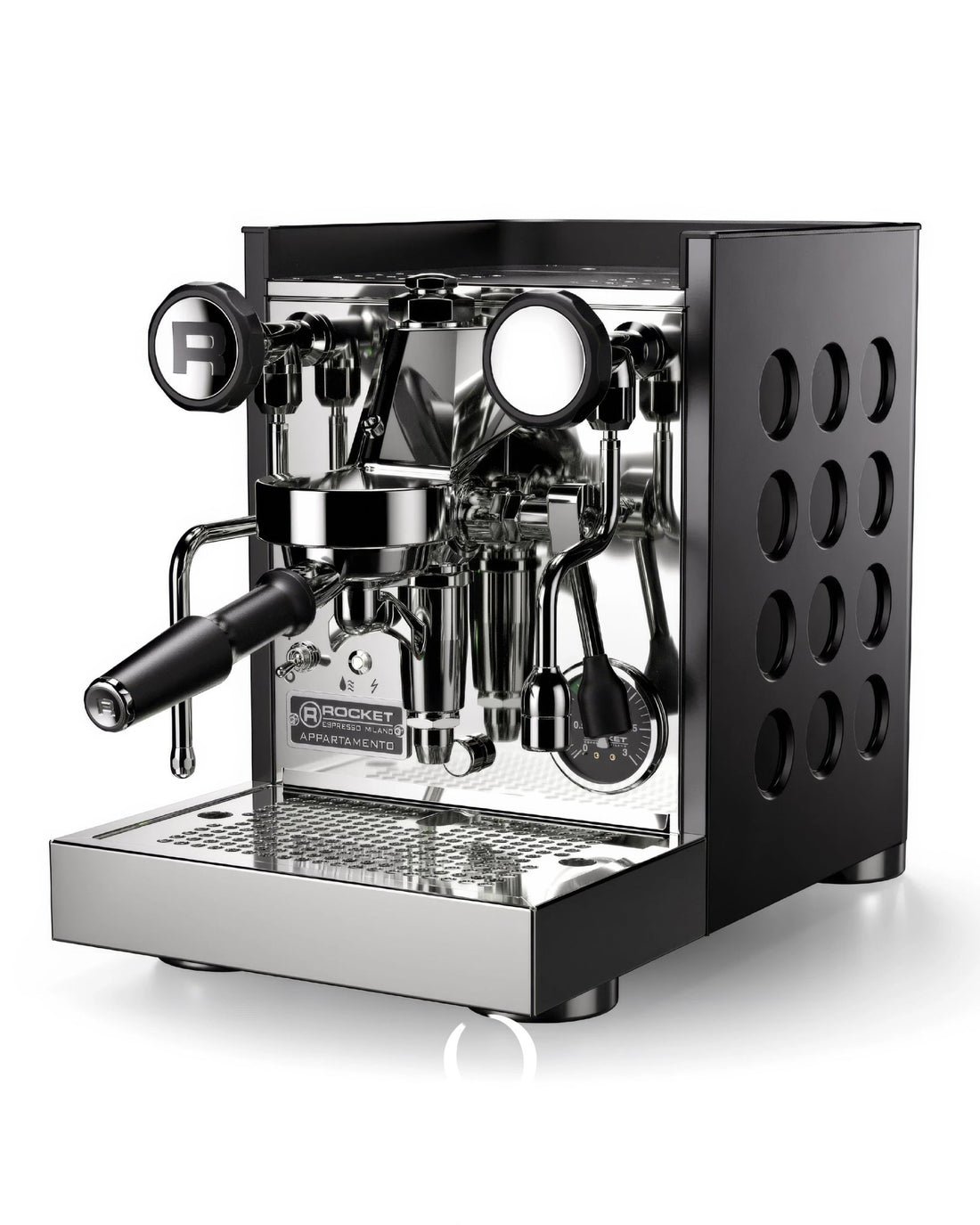 Rocket Appartamento TCA espresso machine in black and stainless steel, featuring E61 group head, pressure gauge, portafilter, and steam wand. Compact design with perforated side panels and a drip tray.