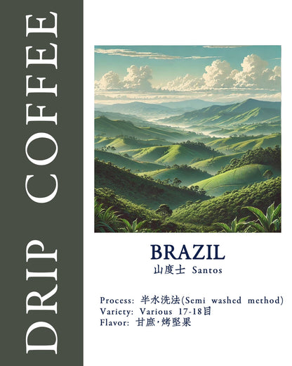 Scenic Brazilian coffee plantation landscape with rolling green hills, lush vegetation, and distant mountains under a blue sky with fluffy clouds, representing Santos coffee origin