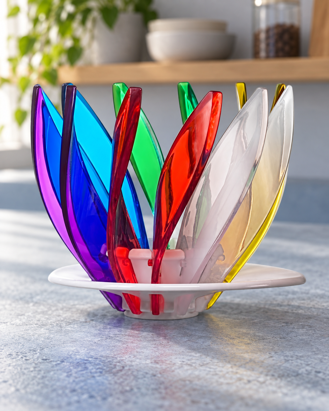 HARIO V60 SUIREN 虹色款完整濾杯置於藍灰色咖啡桌