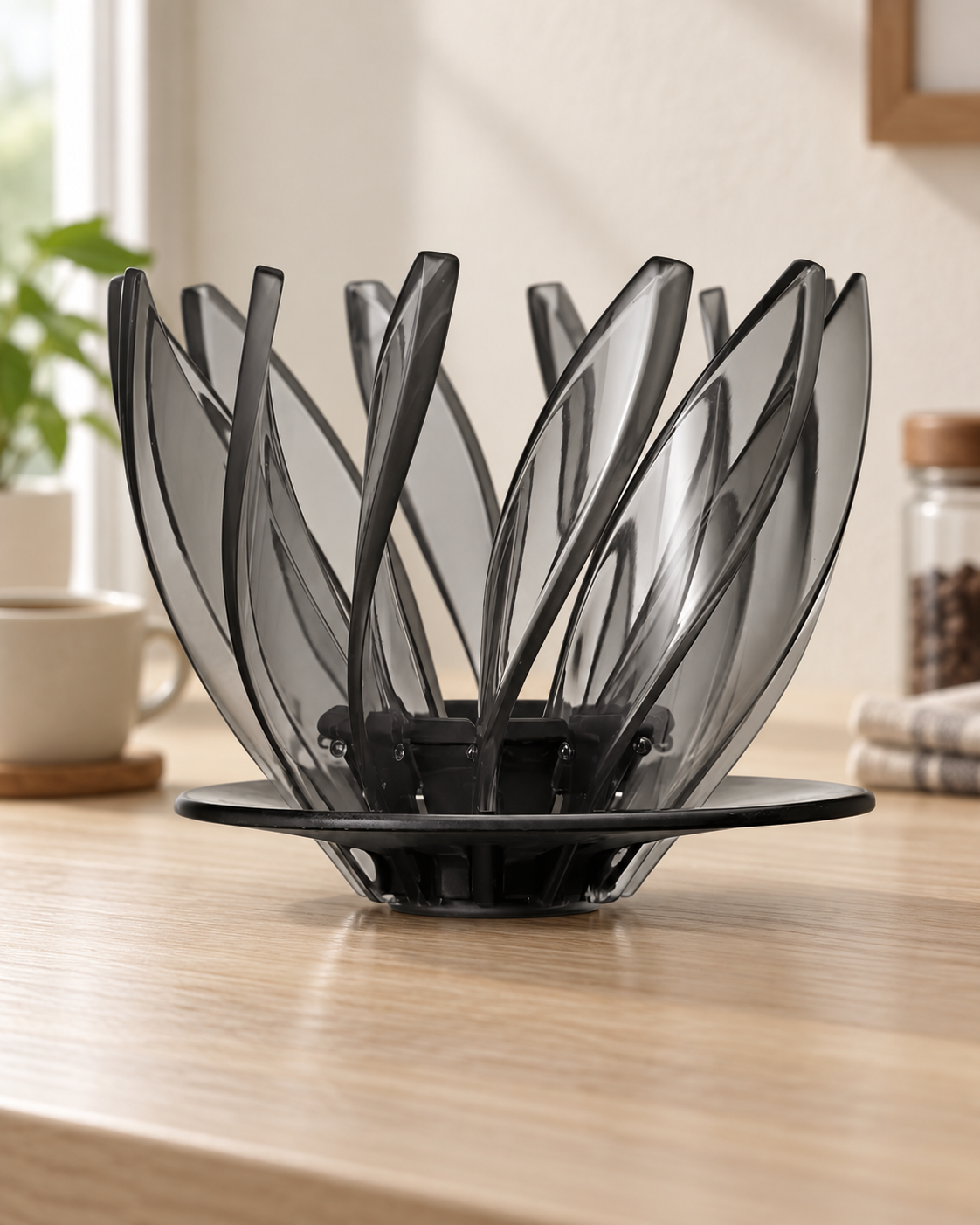 HARIO V60 SUIREN 透明黑款完整濾杯置於淺木咖啡桌