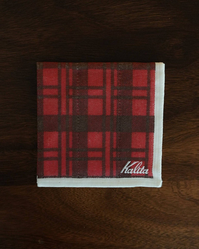 Kalita classic red plaid cloth for pour-over coffee, 30x30cm, 100% cotton, Japanese-made, stylish and functional, displayed on dark wooden surface