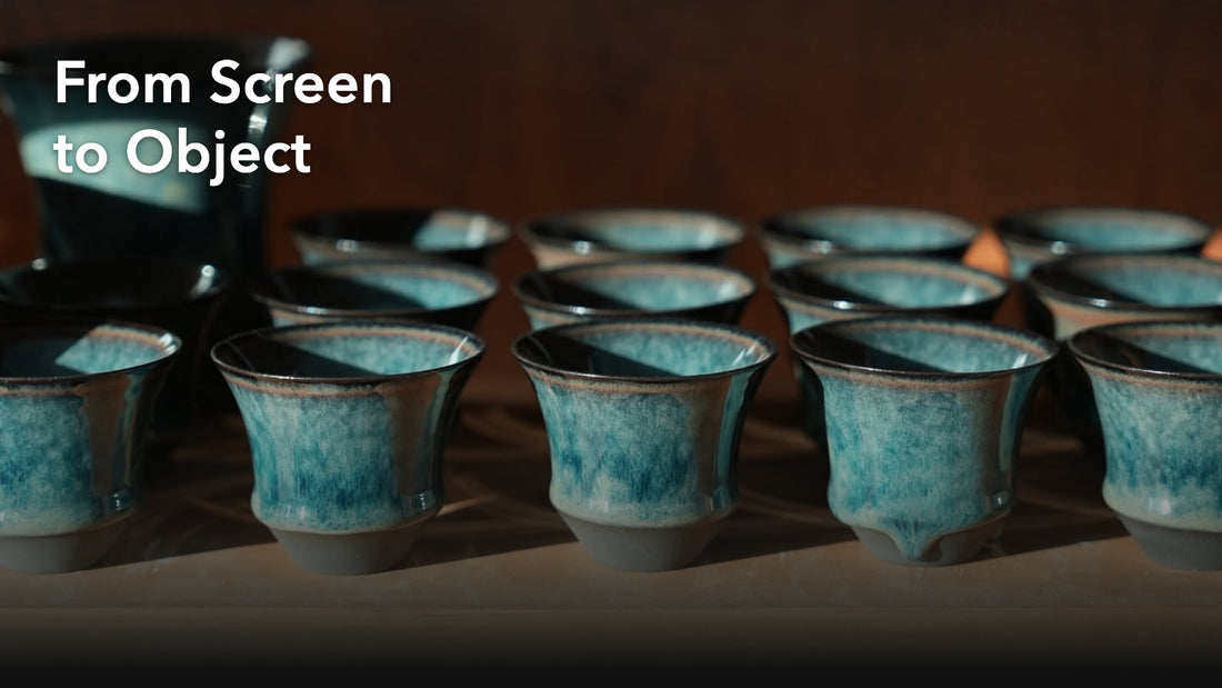 Finished Sharing Cup pieces arranged on studio shelves. Cover title: From Screen to Object