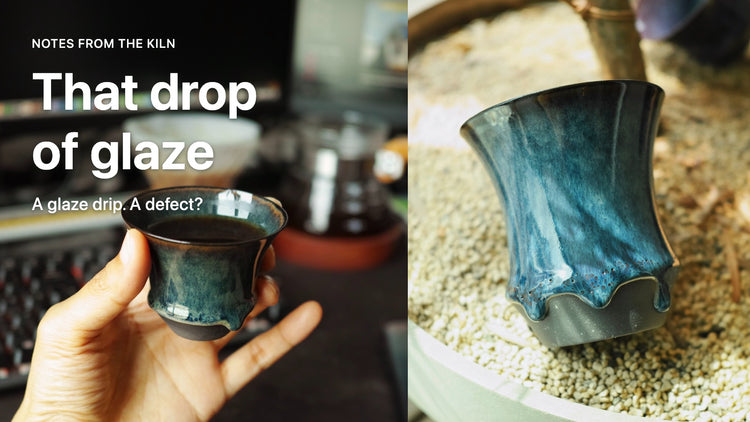 Two real Sharing Cup photographs; blue glaze drips meet bare dark clay on the right. Cover text: That drop of glaze. A glaze drip. A defect?